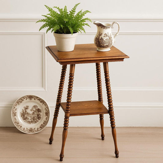 Antique Late 1800's Spindle Leg Solid Wood Quarter Sawn Oak Accent Table