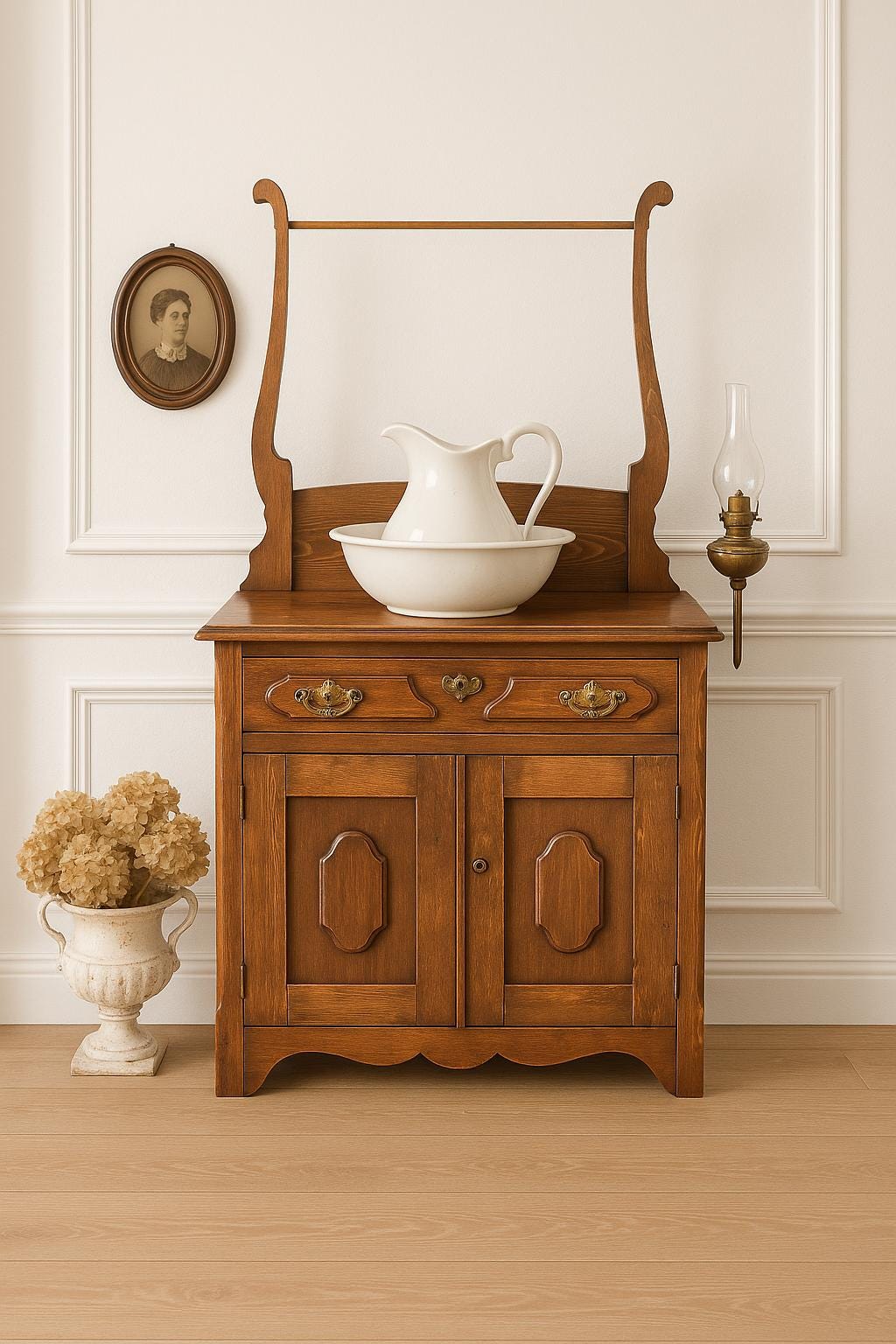 Antique 1880's Solid Oak Wood Single Drawer Cabinet Storage Chest with Towel Bar