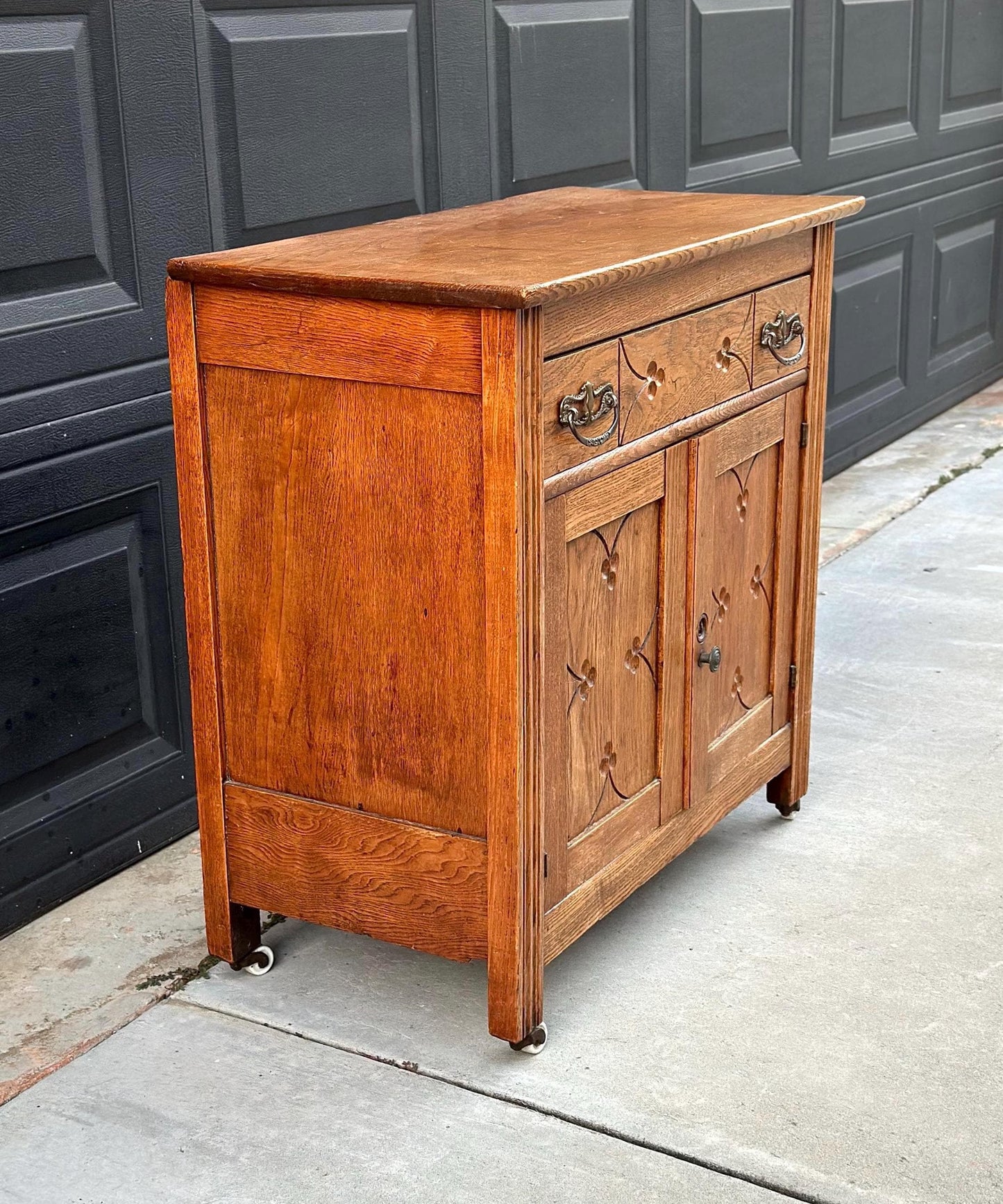 Antique Early 1900's Solid Wood Eastlake Oak Accent Cabinet on Porcelain Casters