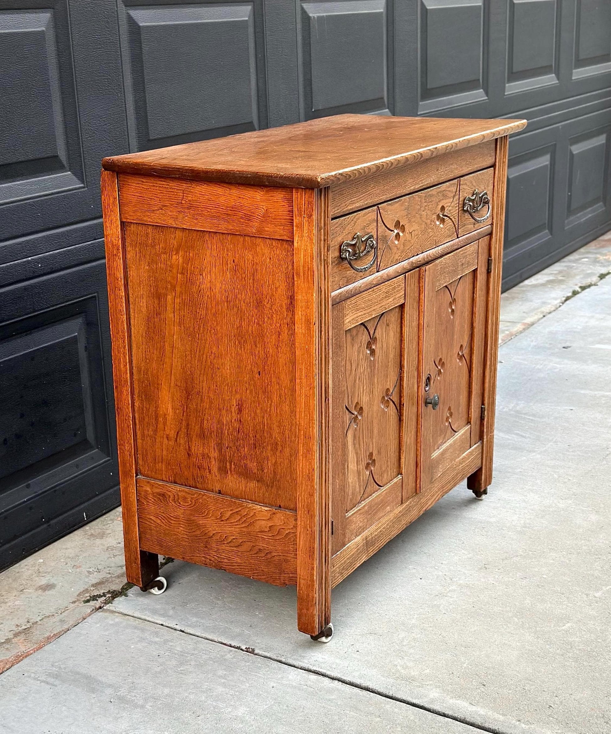 Antique Early 1900's Solid Wood Eastlake Oak Accent Cabinet on Porcelain Casters
