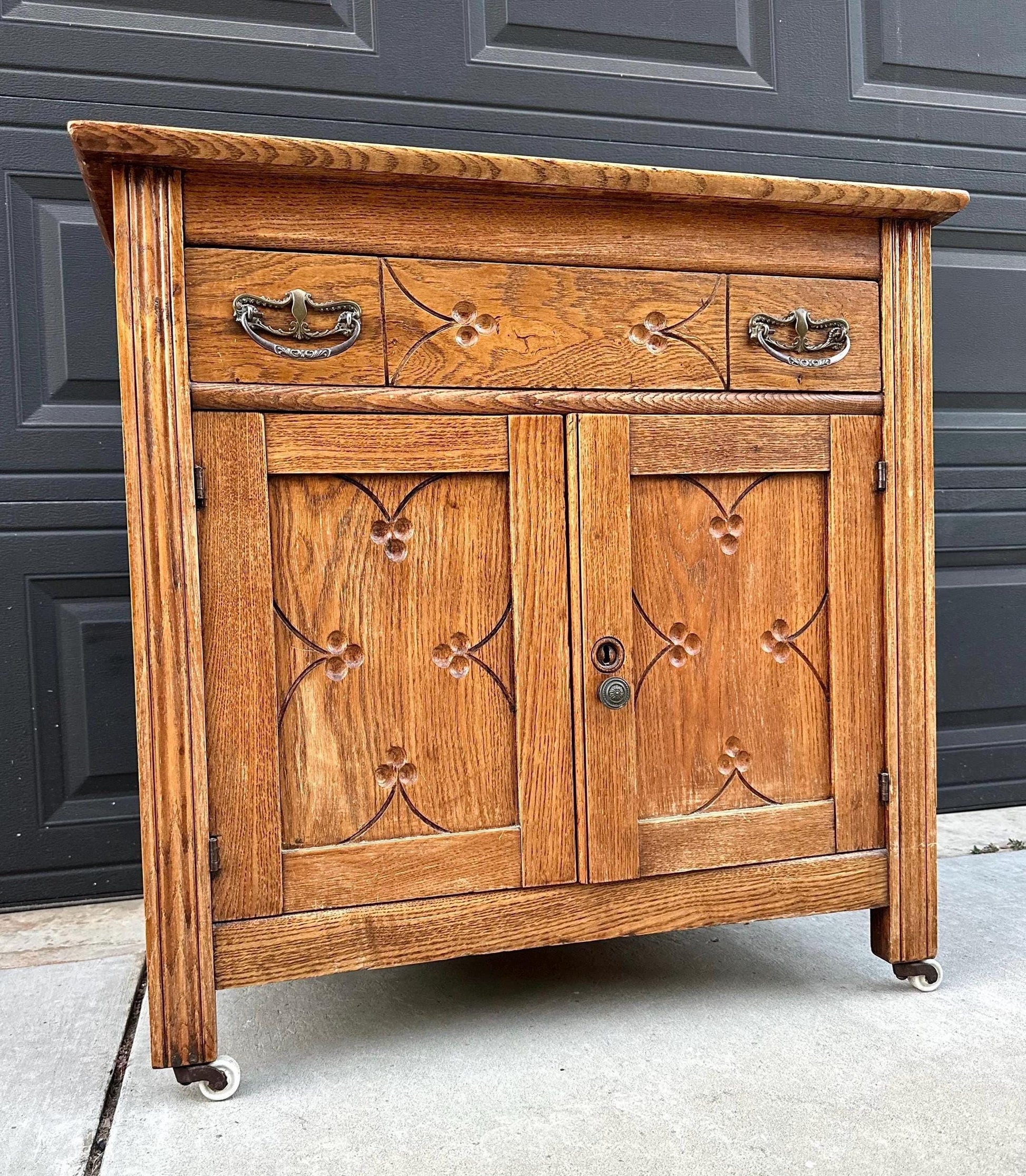 Antique Early 1900's Solid Wood Eastlake Oak Accent Cabinet on Porcelain Casters