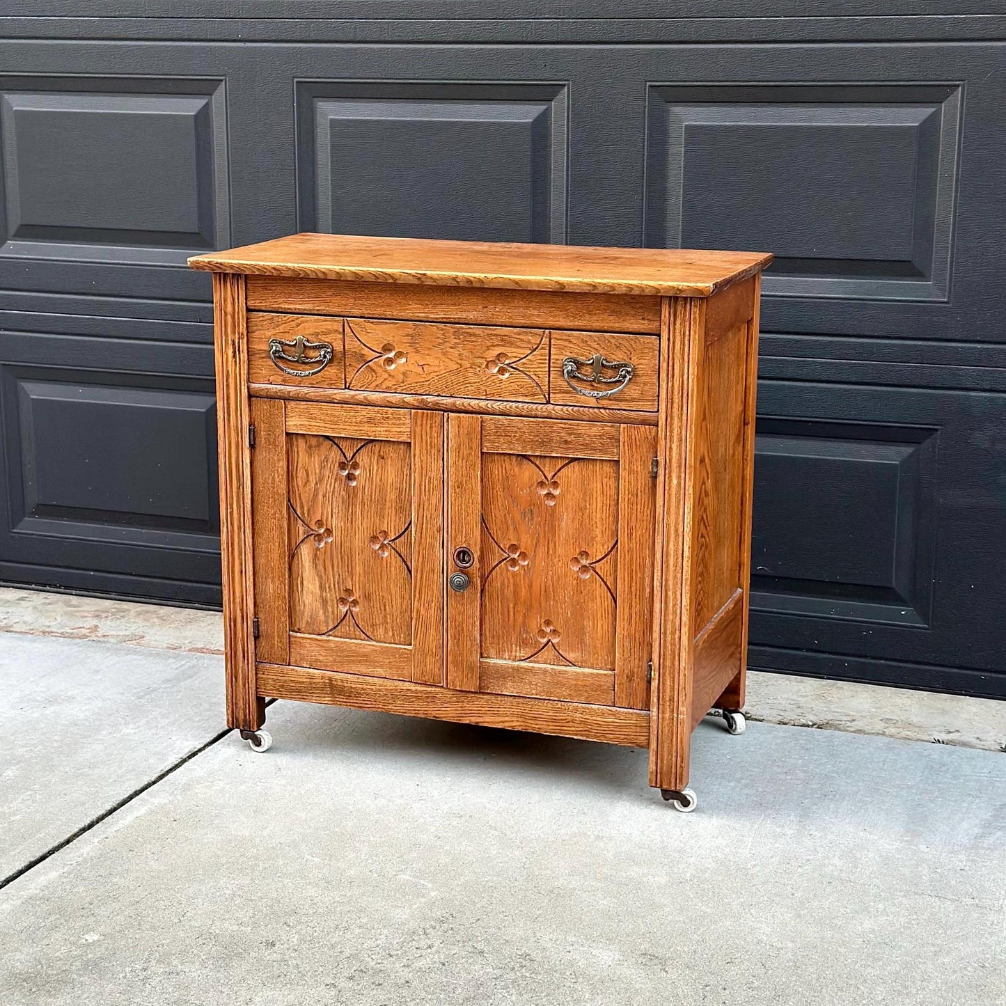 Antique Early 1900's Solid Wood Eastlake Oak Accent Cabinet on Porcelain Casters