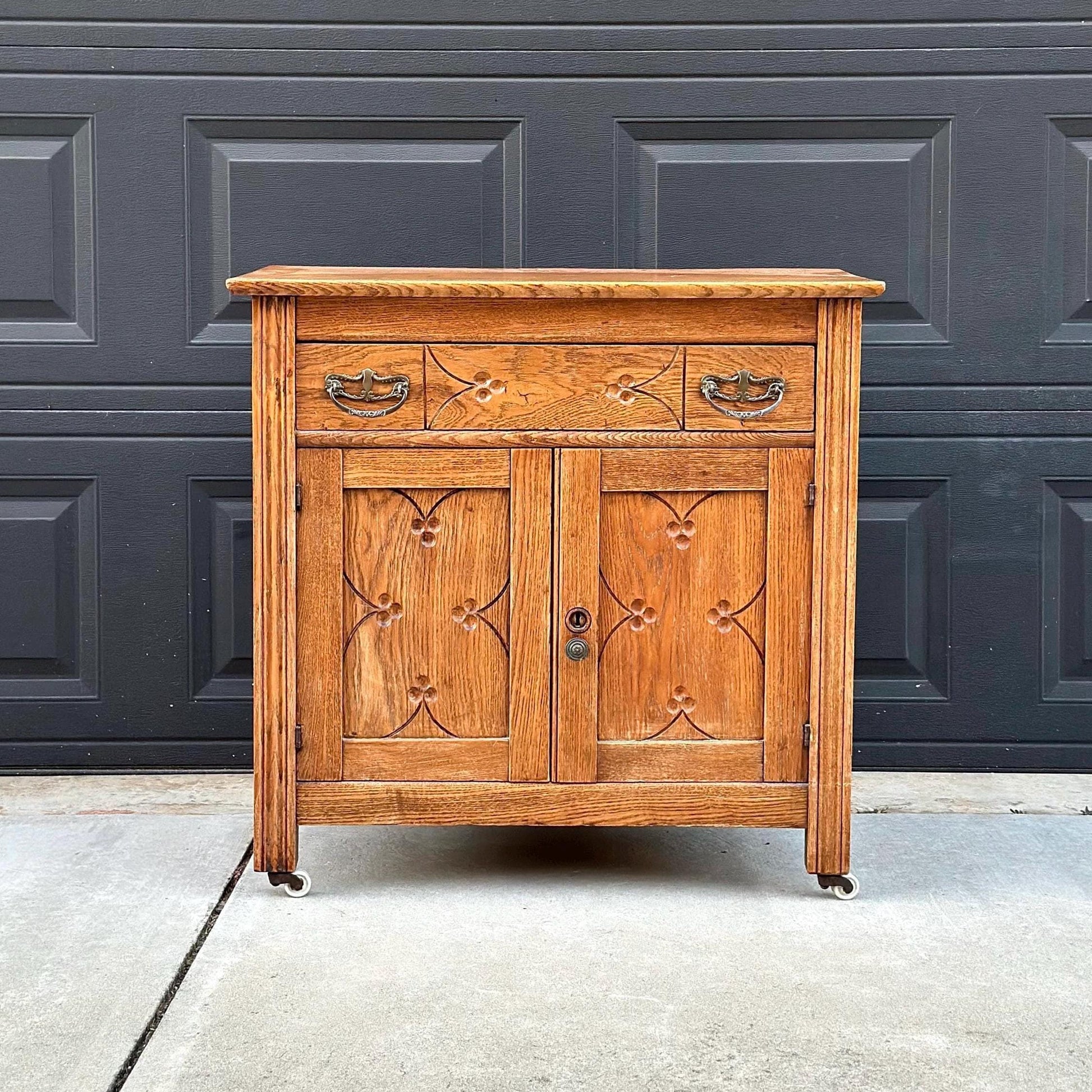 Antique Early 1900's Solid Wood Eastlake Oak Accent Cabinet on Porcelain Casters