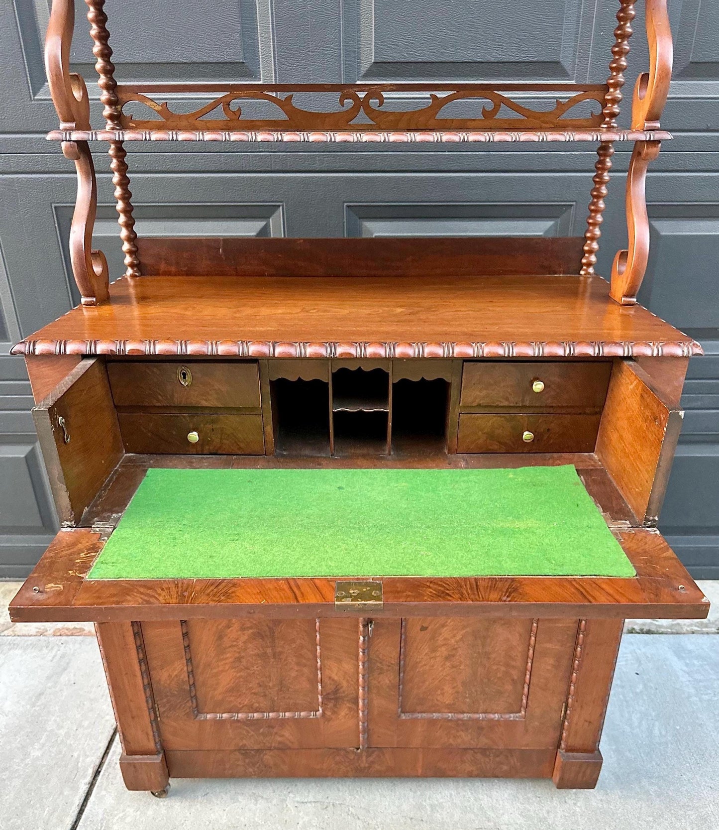 Antique Mid 1800's Victorian Flame Mahogany Wood Chiffonier Cabinet with Bobbin Bookshelf on Casters