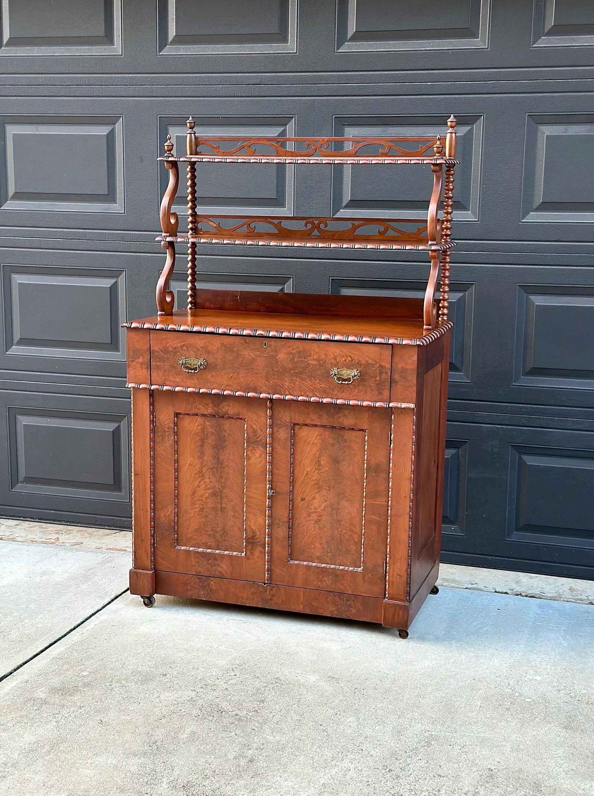 Antique Mid 1800's Victorian Flame Mahogany Wood Chiffonier Cabinet with Bobbin Bookshelf on Casters