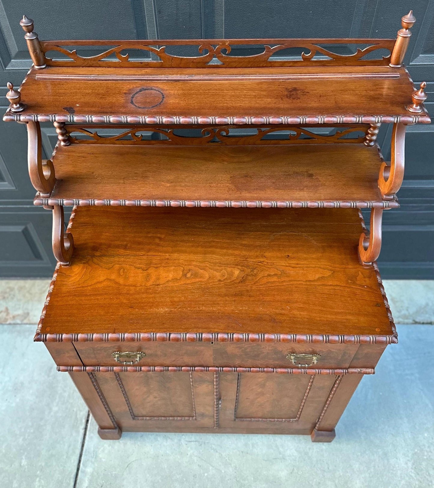 Antique Mid 1800's Victorian Flame Mahogany Wood Chiffonier Cabinet with Bobbin Bookshelf on Casters