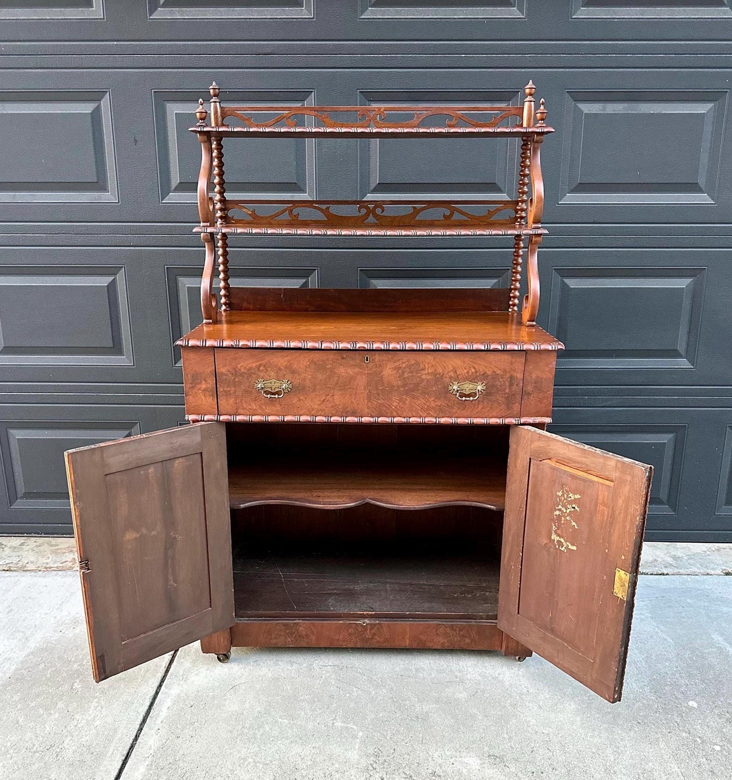 Antique Mid 1800's Victorian Flame Mahogany Wood Chiffonier Cabinet with Bobbin Bookshelf on Casters