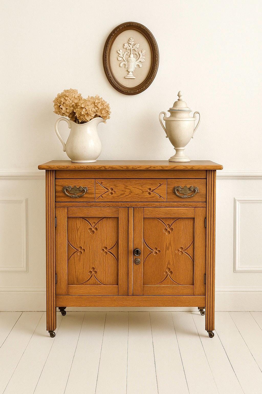 Antique Early 1900's Solid Wood Eastlake Oak Accent Cabinet on Porcelain Casters