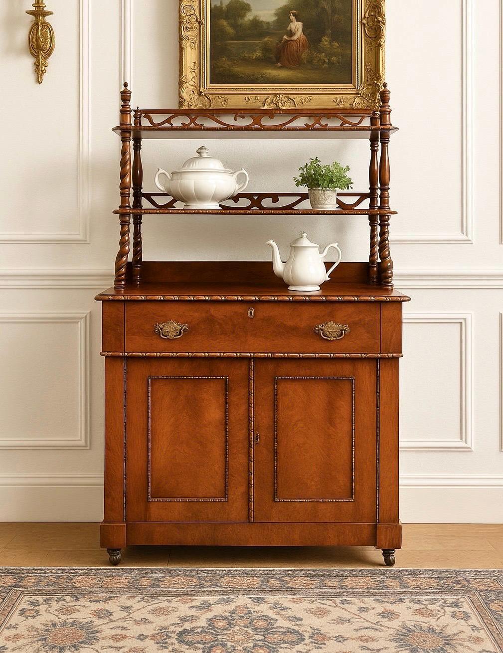 Antique Mid 1800's Victorian Flame Mahogany Wood Chiffonier Cabinet with Bobbin Bookshelf on Casters