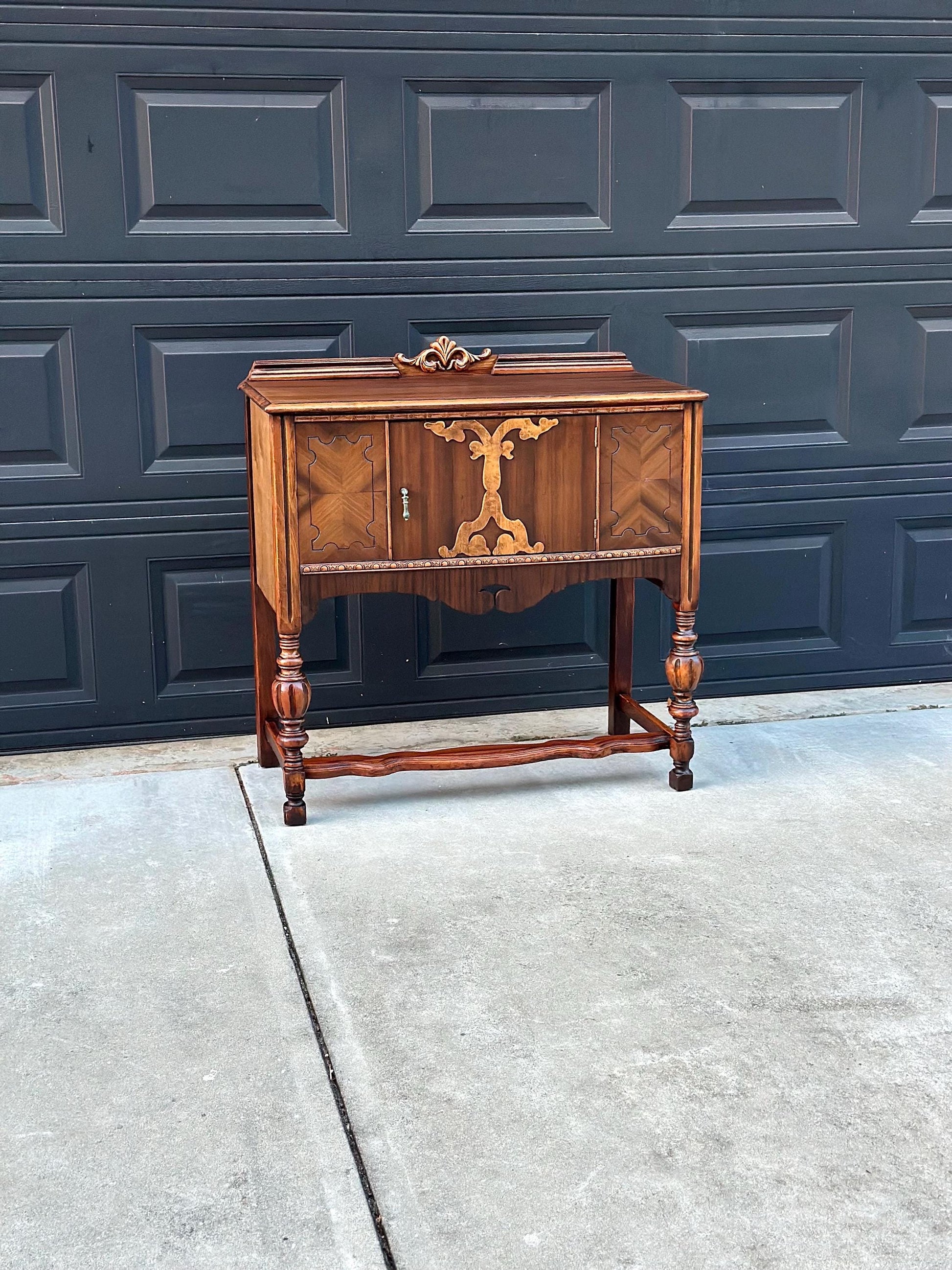 Antique Early 1900's Turned Leg Walnut Accent Cabinet with Raised Gallery