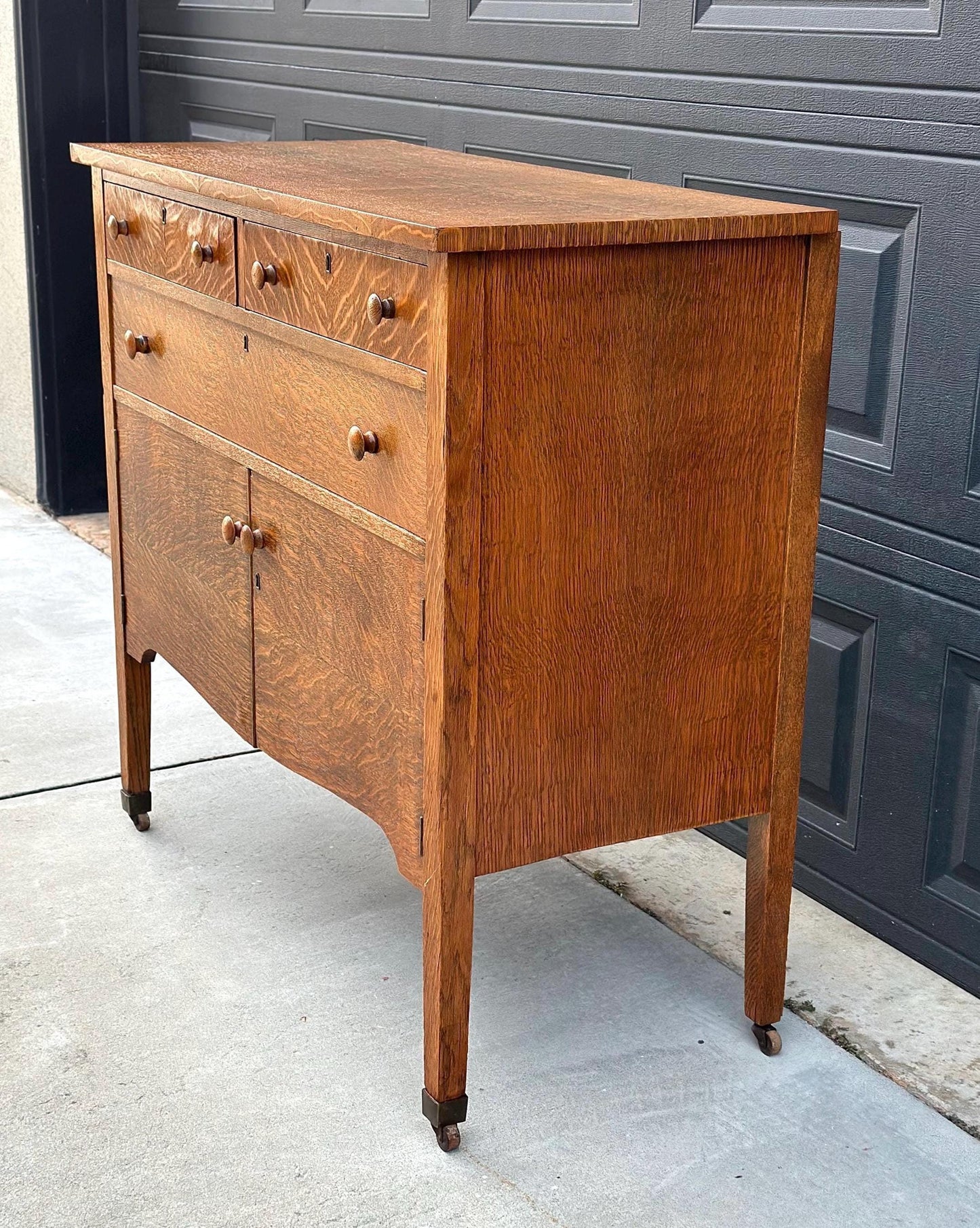 Antique Early 1900's Tiger Oak Wood Tall Console Table with Cabinet Storage on Casters