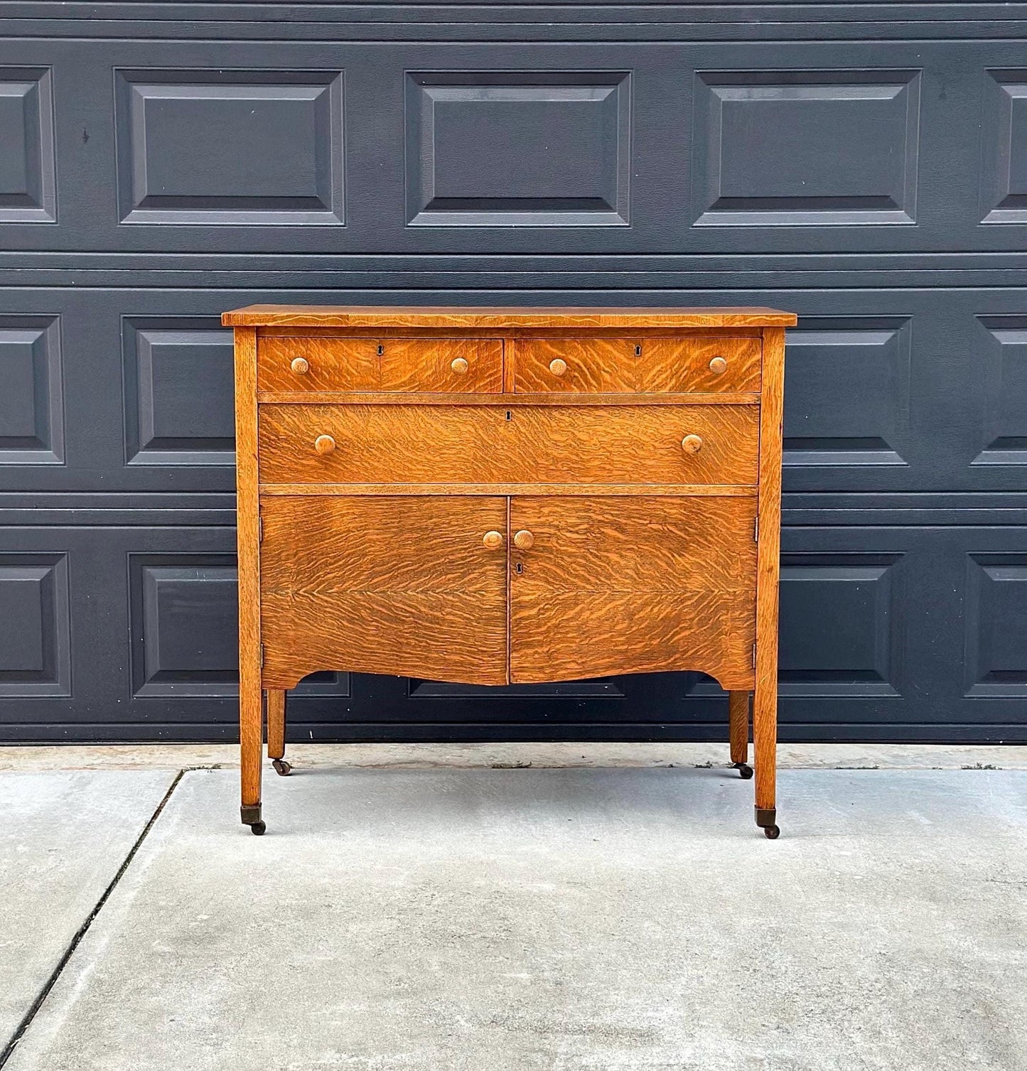Antique Early 1900's Tiger Oak Wood Tall Console Table with Cabinet Storage on Casters