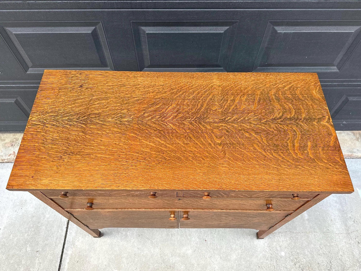 Antique Early 1900's Tiger Oak Wood Tall Console Table with Cabinet Storage on Casters