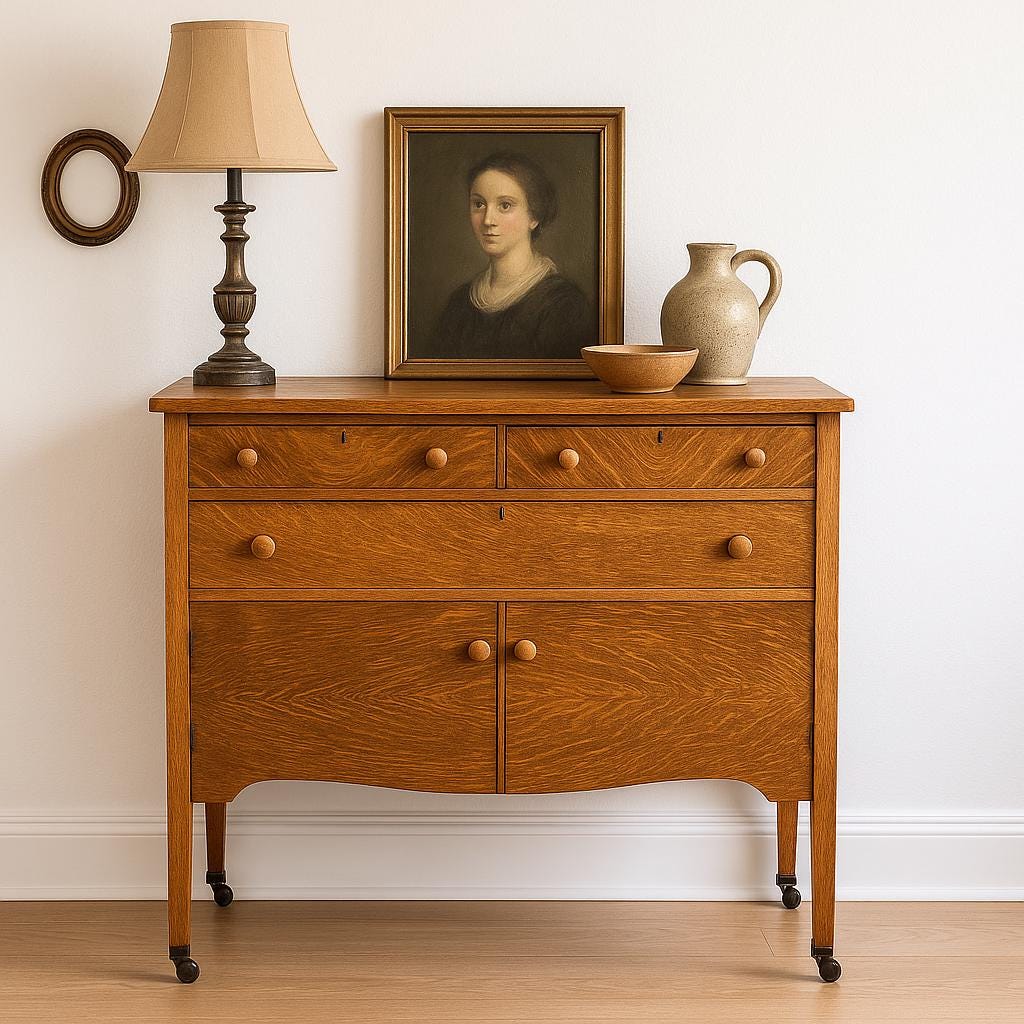 Antique Early 1900's Tiger Oak Wood Tall Console Table with Cabinet Storage on Casters