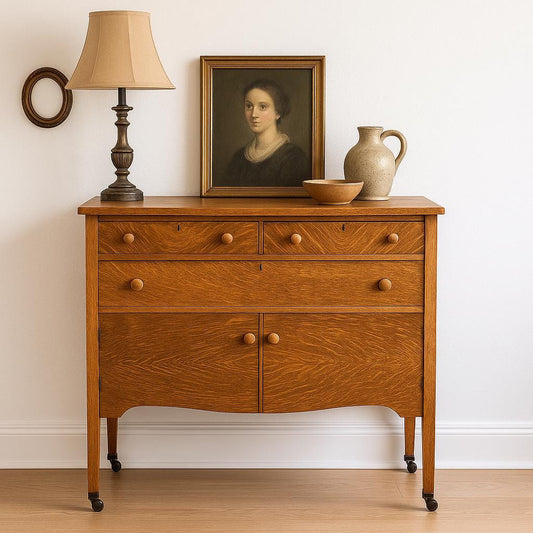Antique Early 1900's Tiger Oak Wood Tall Console Table with Cabinet Storage on Casters