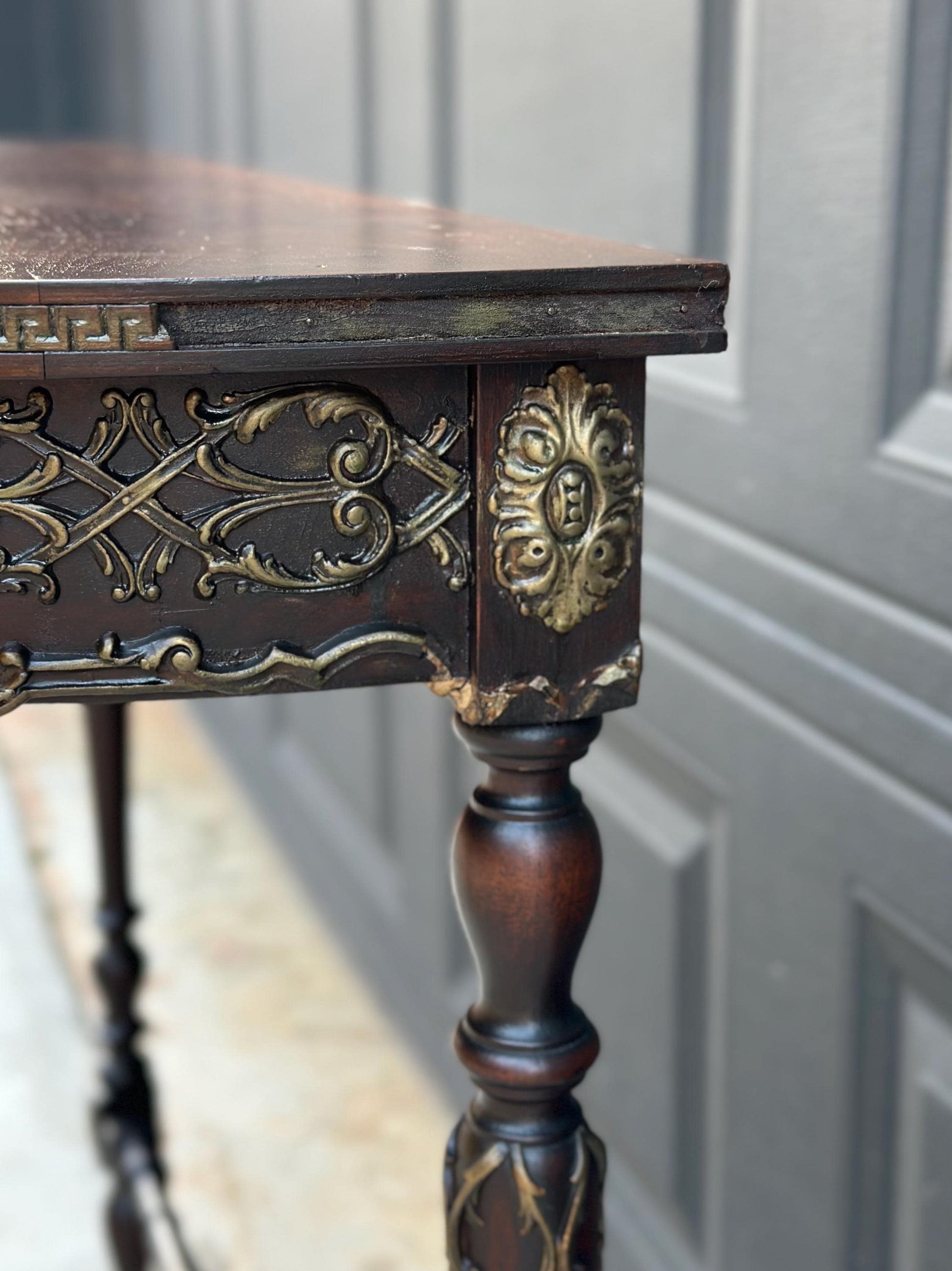 Antique Late 1800's Solid Wood Bowfront Half Round Carved Mahogany Accent Table