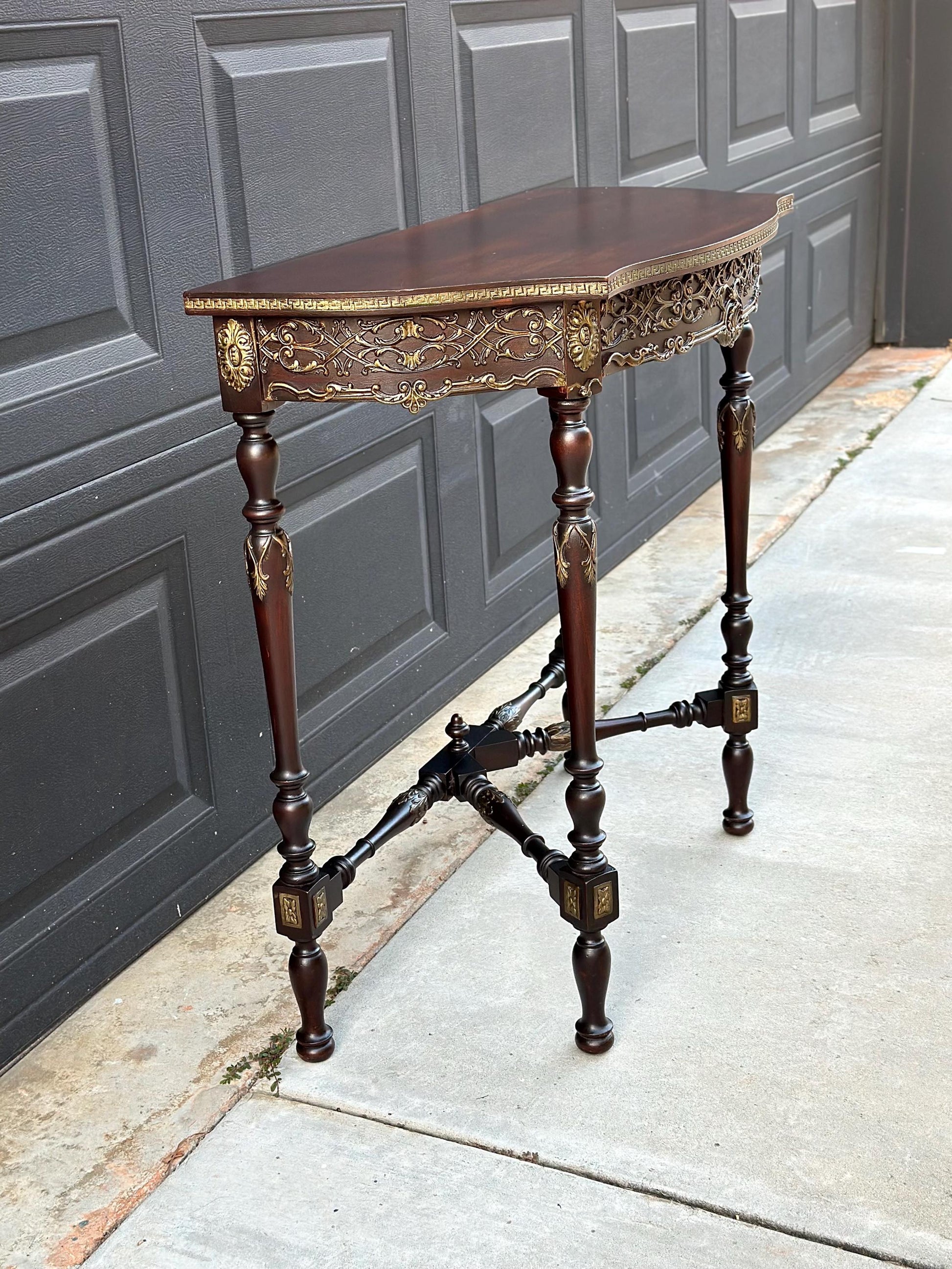 Antique Late 1800's Solid Wood Bowfront Half Round Carved Mahogany Accent Table