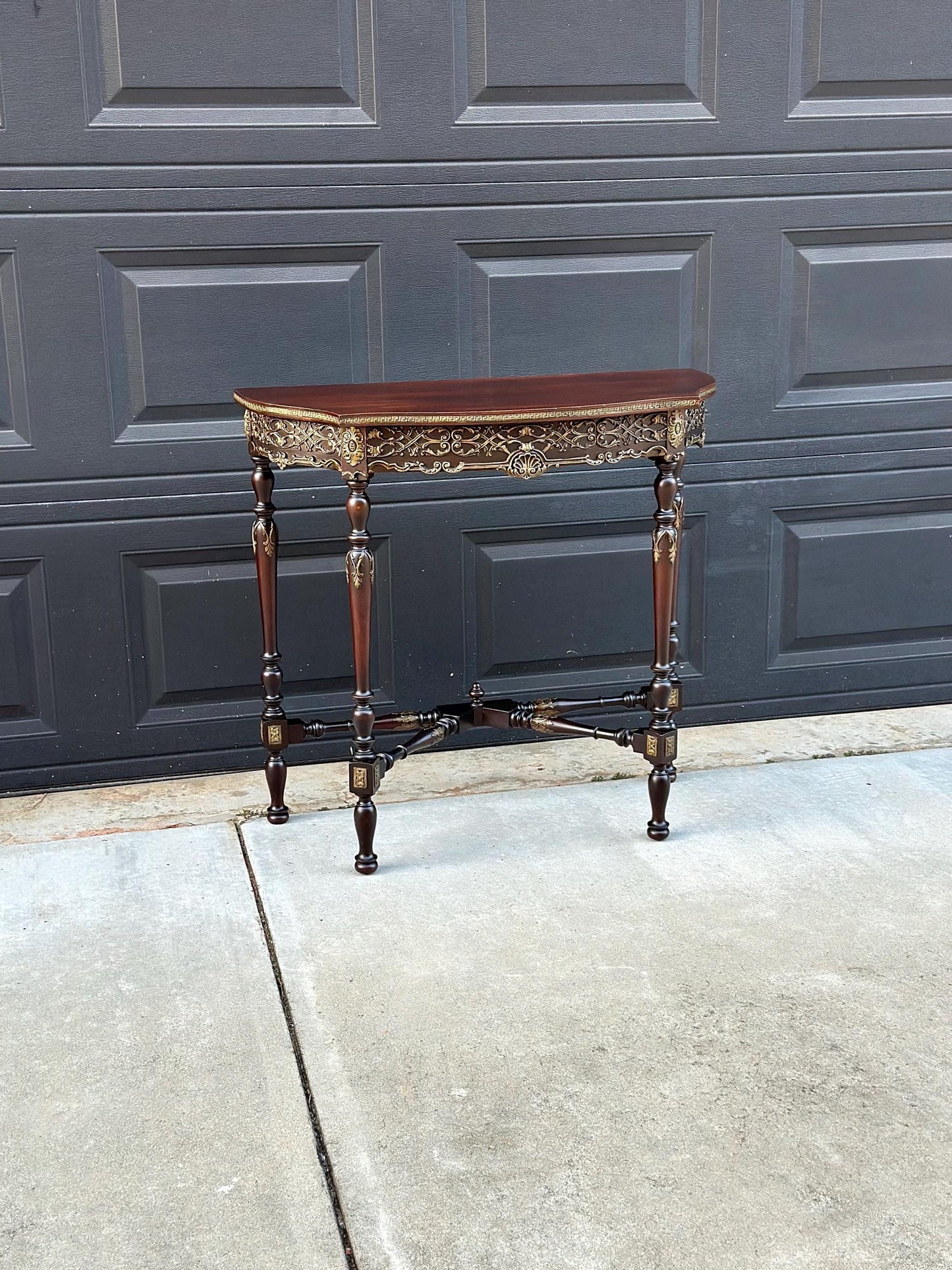 Antique Late 1800's Solid Wood Bowfront Half Round Carved Mahogany Accent Table