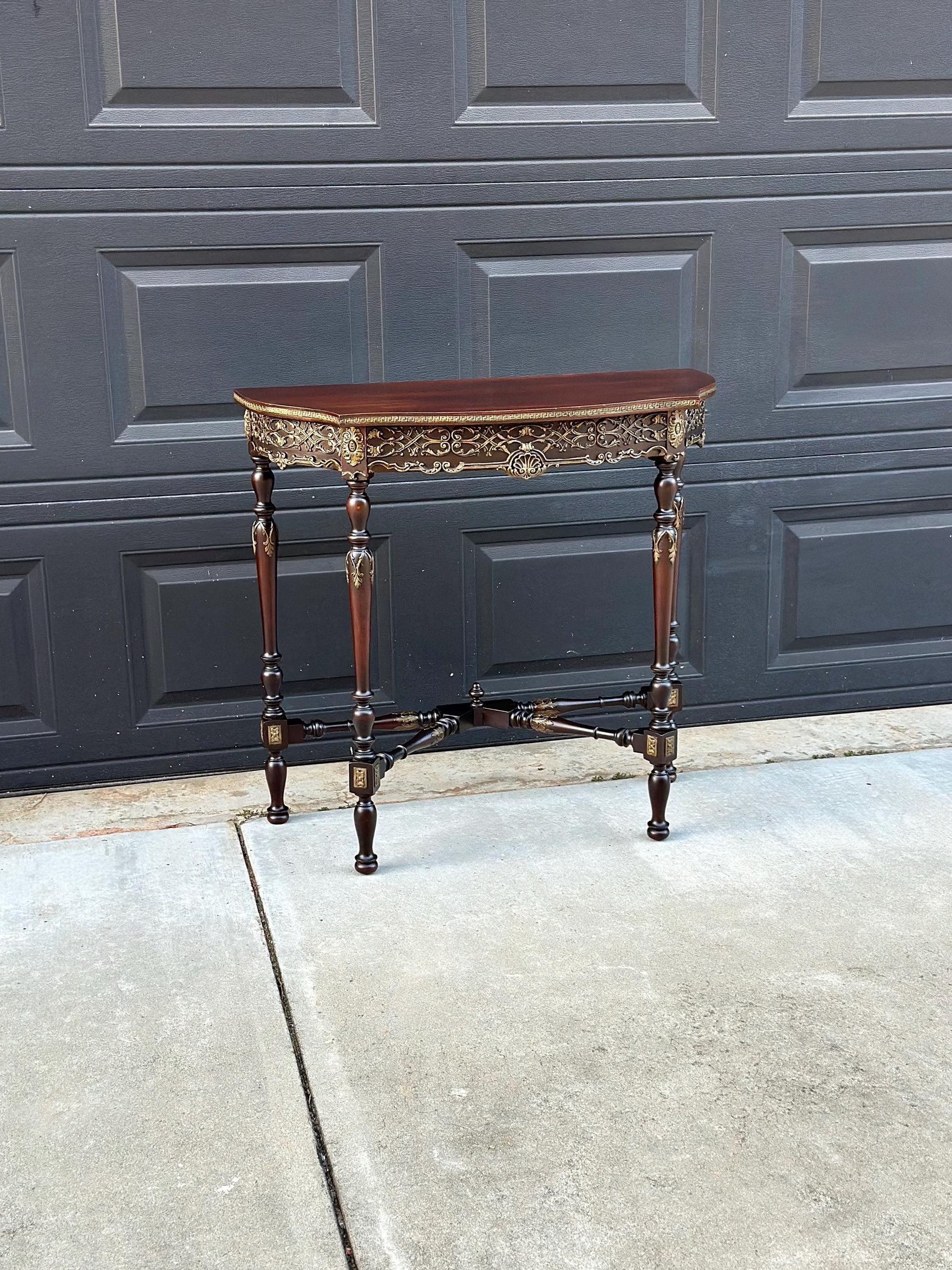 Antique Late 1800's Solid Wood Bowfront Half Round Carved Mahogany Accent Table