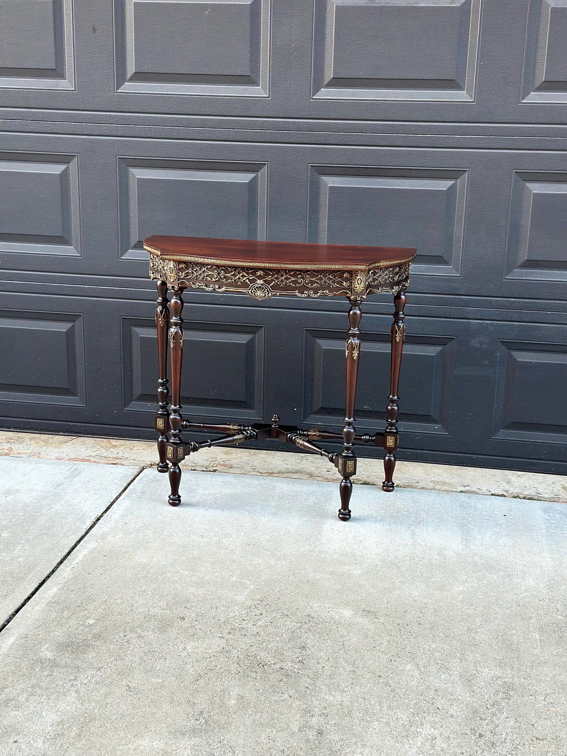 Antique Late 1800's Solid Wood Bowfront Half Round Carved Mahogany Accent Table