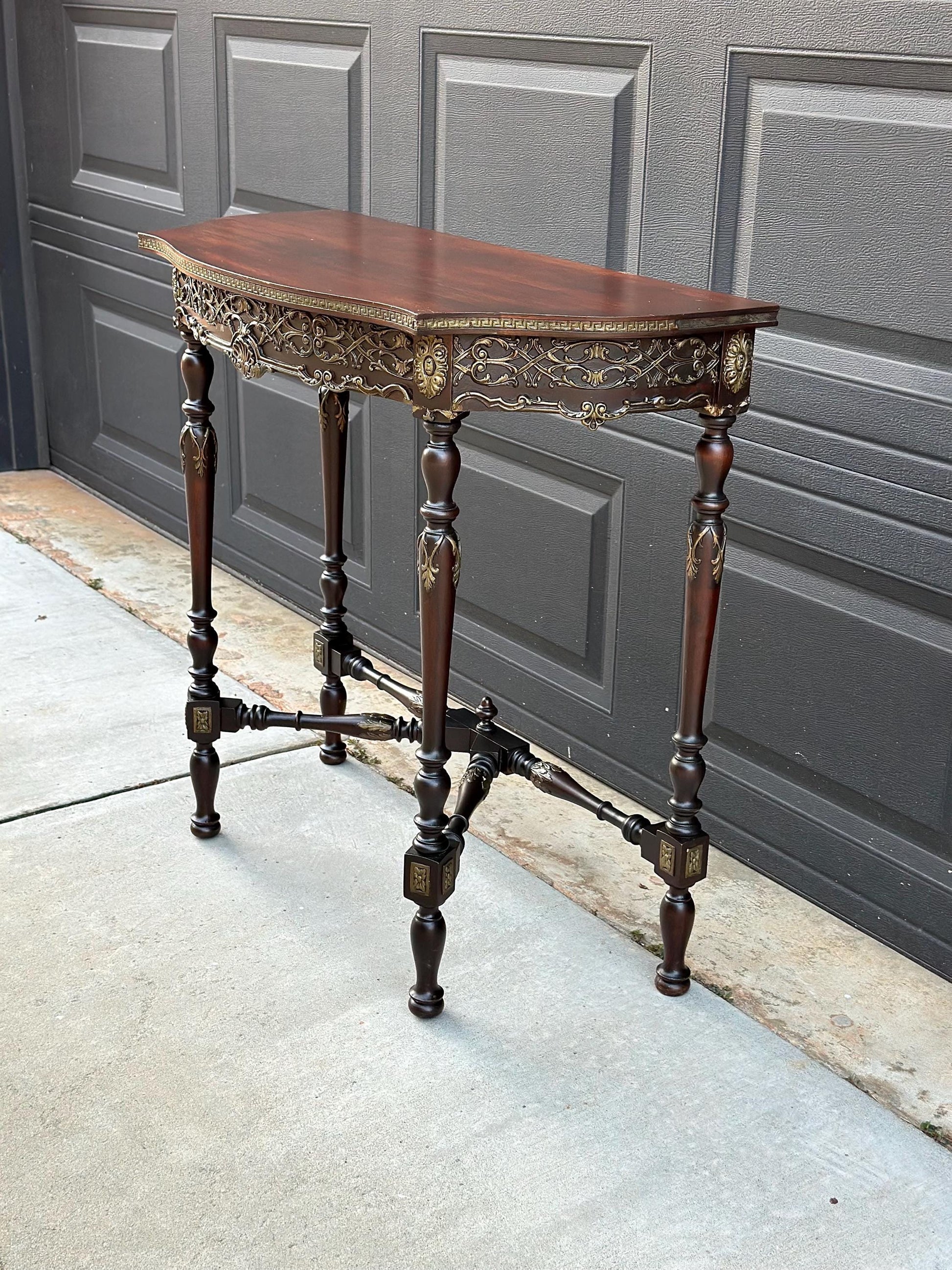 Antique Late 1800's Solid Wood Bowfront Half Round Carved Mahogany Accent Table