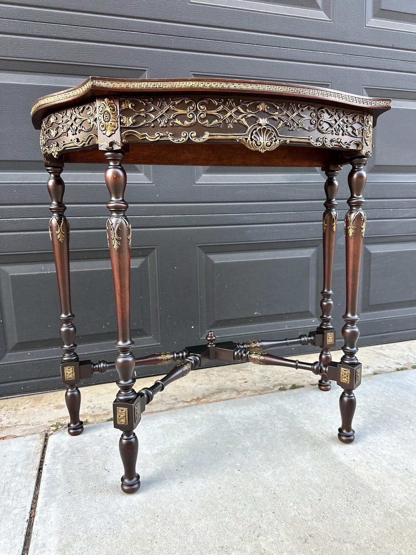 Antique Late 1800's Solid Wood Bowfront Half Round Carved Mahogany Accent Table
