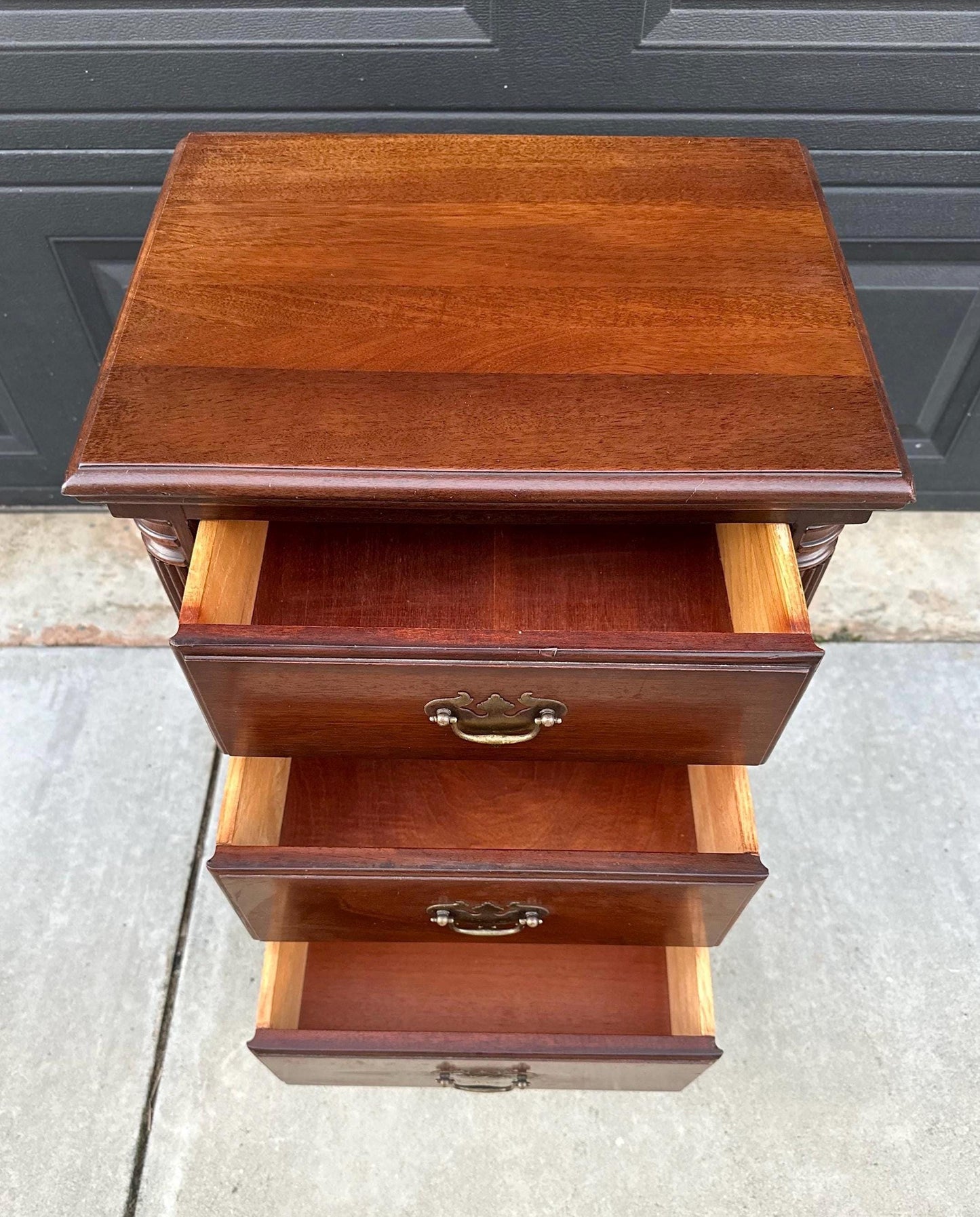 Vintage Mid 1900's Solid Wood Three Drawer Narrow Mahogany Nightstand