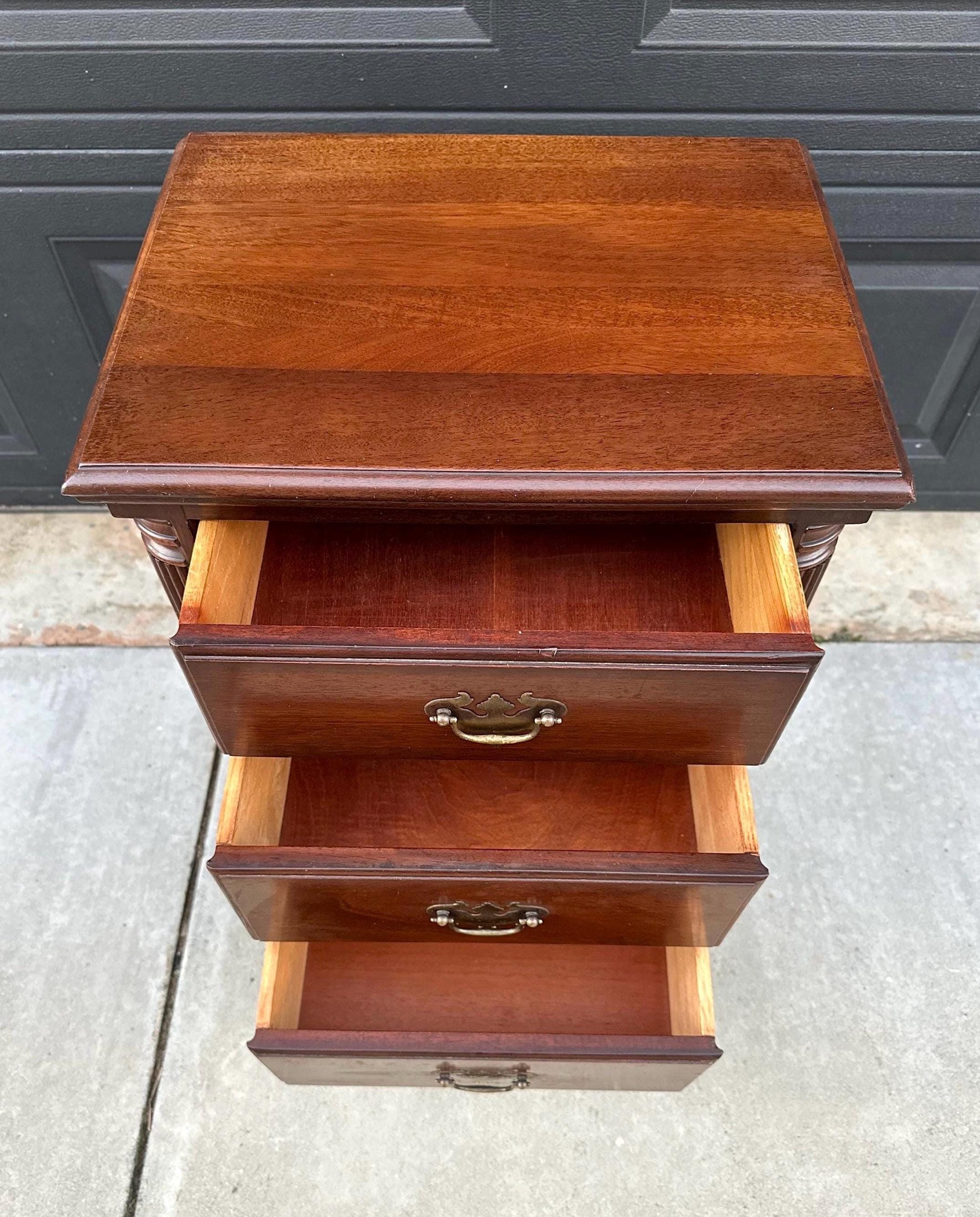 Vintage Mid 1900's Solid Wood Three Drawer Narrow Mahogany Nightstand