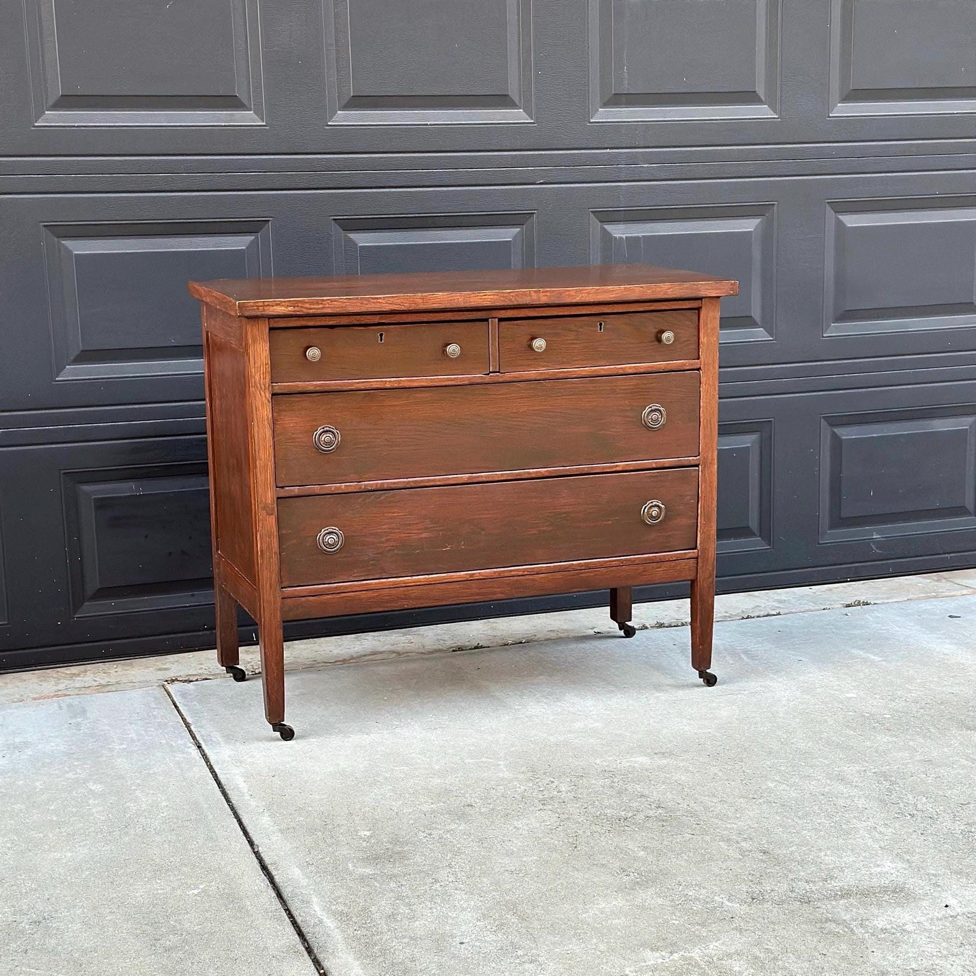 Antique 1890's Solid Oak Wood Dark Dresser Console on Casters