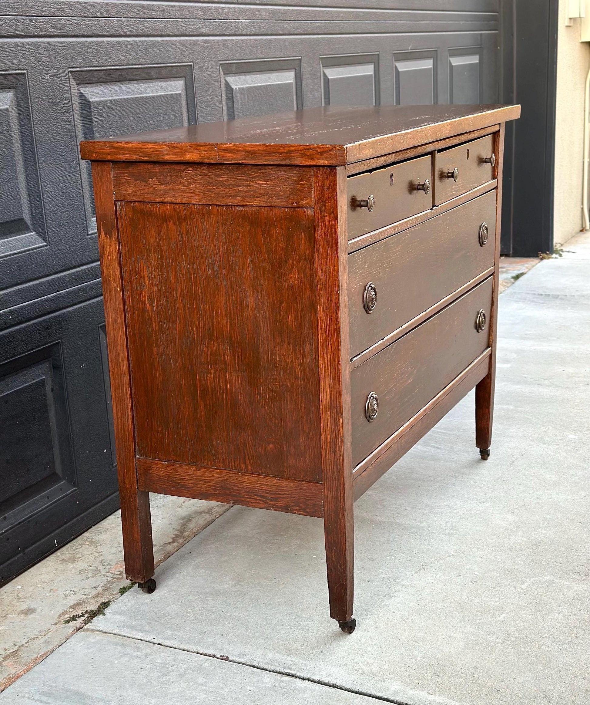 Antique 1890's Solid Oak Wood Dark Dresser Console on Casters Antique 1890's Solid Oak Wood Dark Dresser Console on Casters