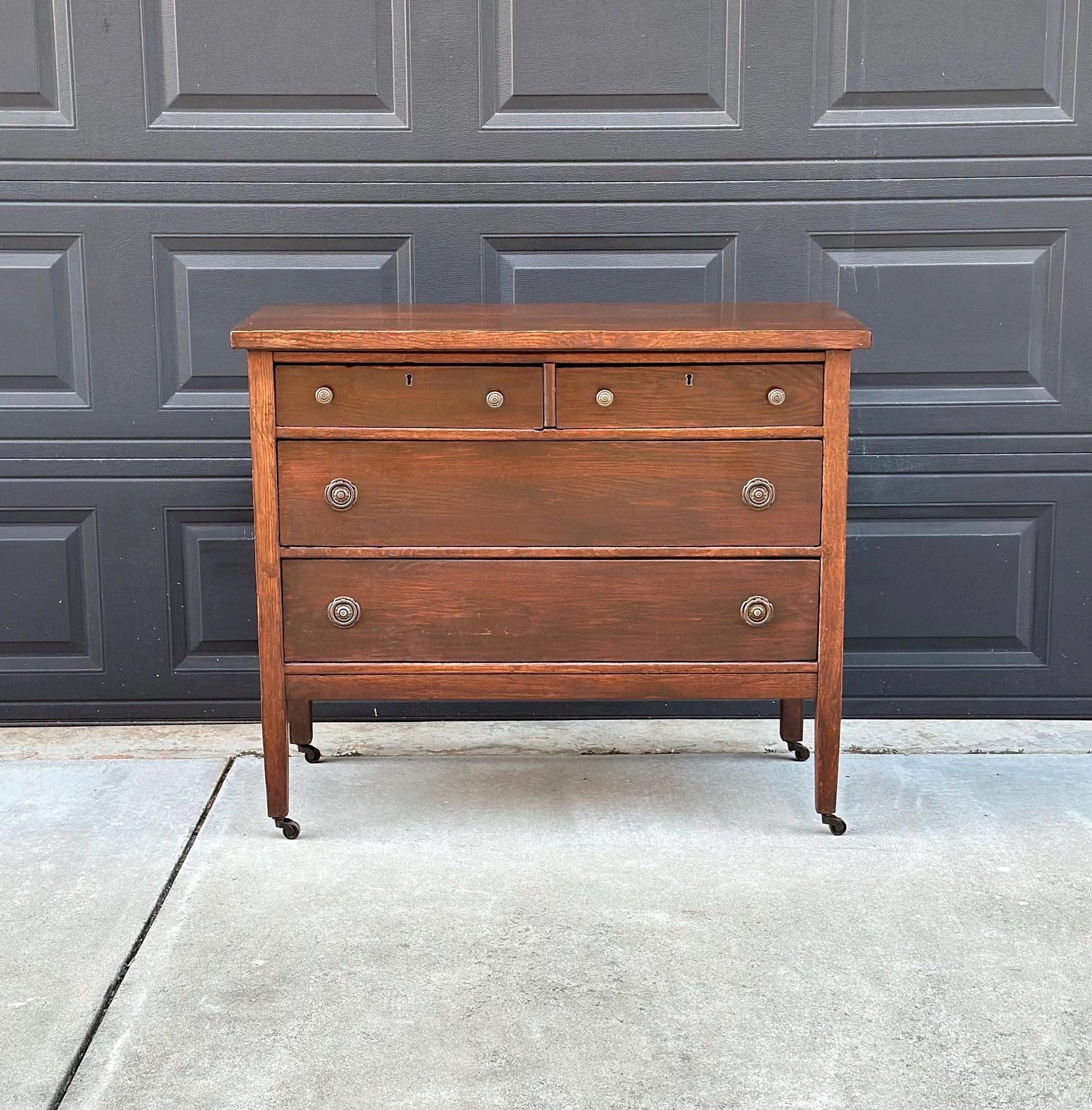 Antique 1890's Solid Oak Wood Dark Dresser Console on Casters