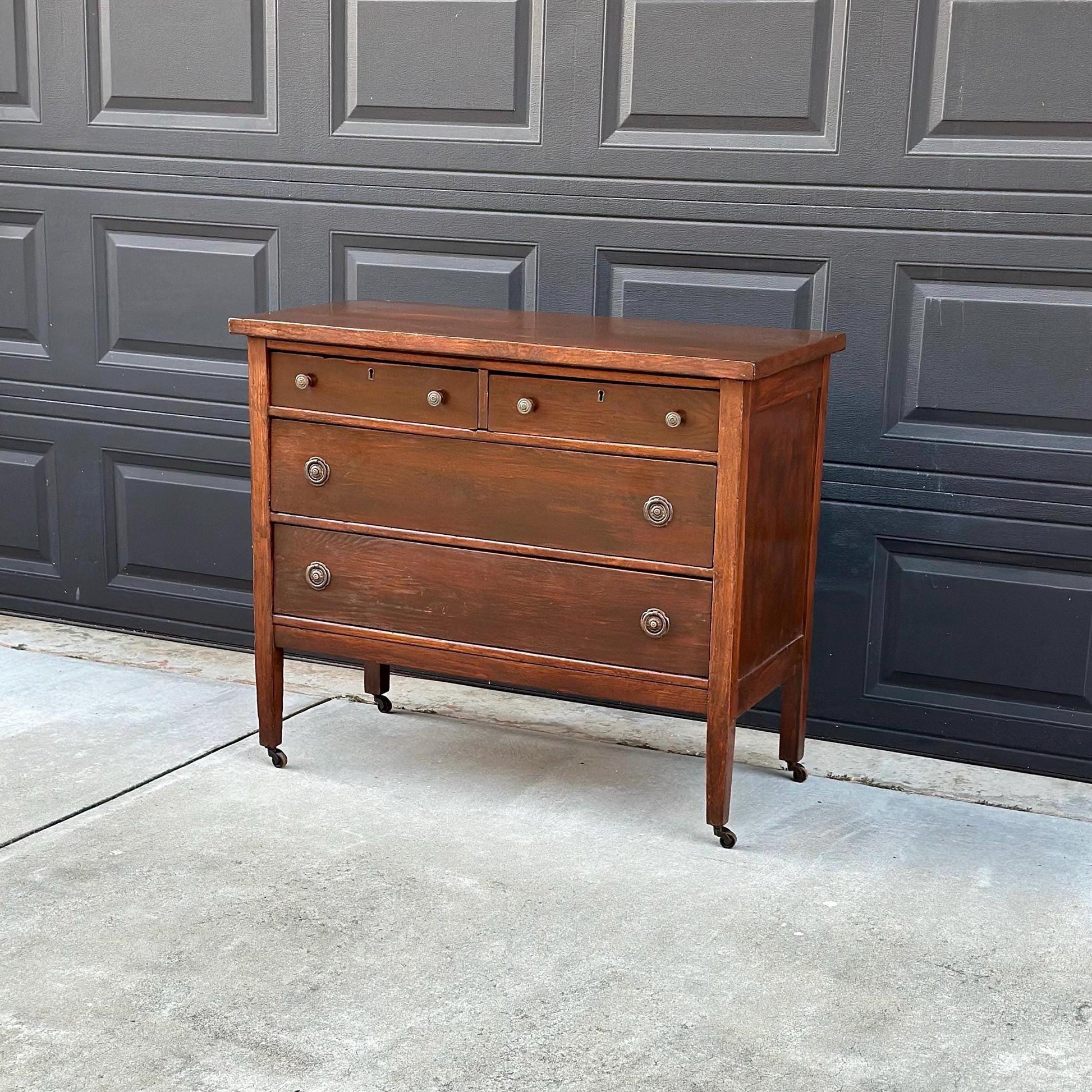 Antique 1890's Solid Oak Wood Dark Dresser Console on Casters Antique 1890's Solid Oak Wood Dark Dresser Console on Casters