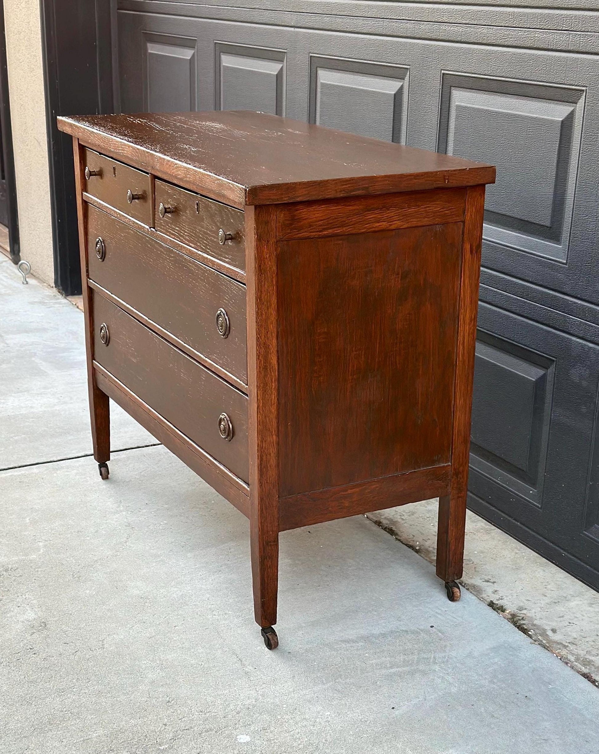 Antique 1890's Solid Oak Wood Dark Dresser Console on Casters
