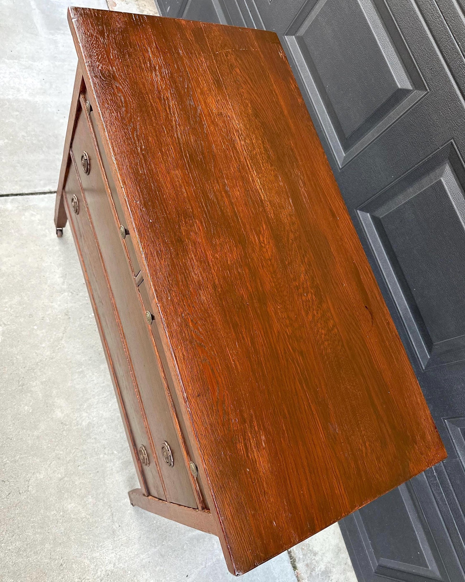 Antique 1890's Solid Oak Wood Dark Dresser Console on Casters