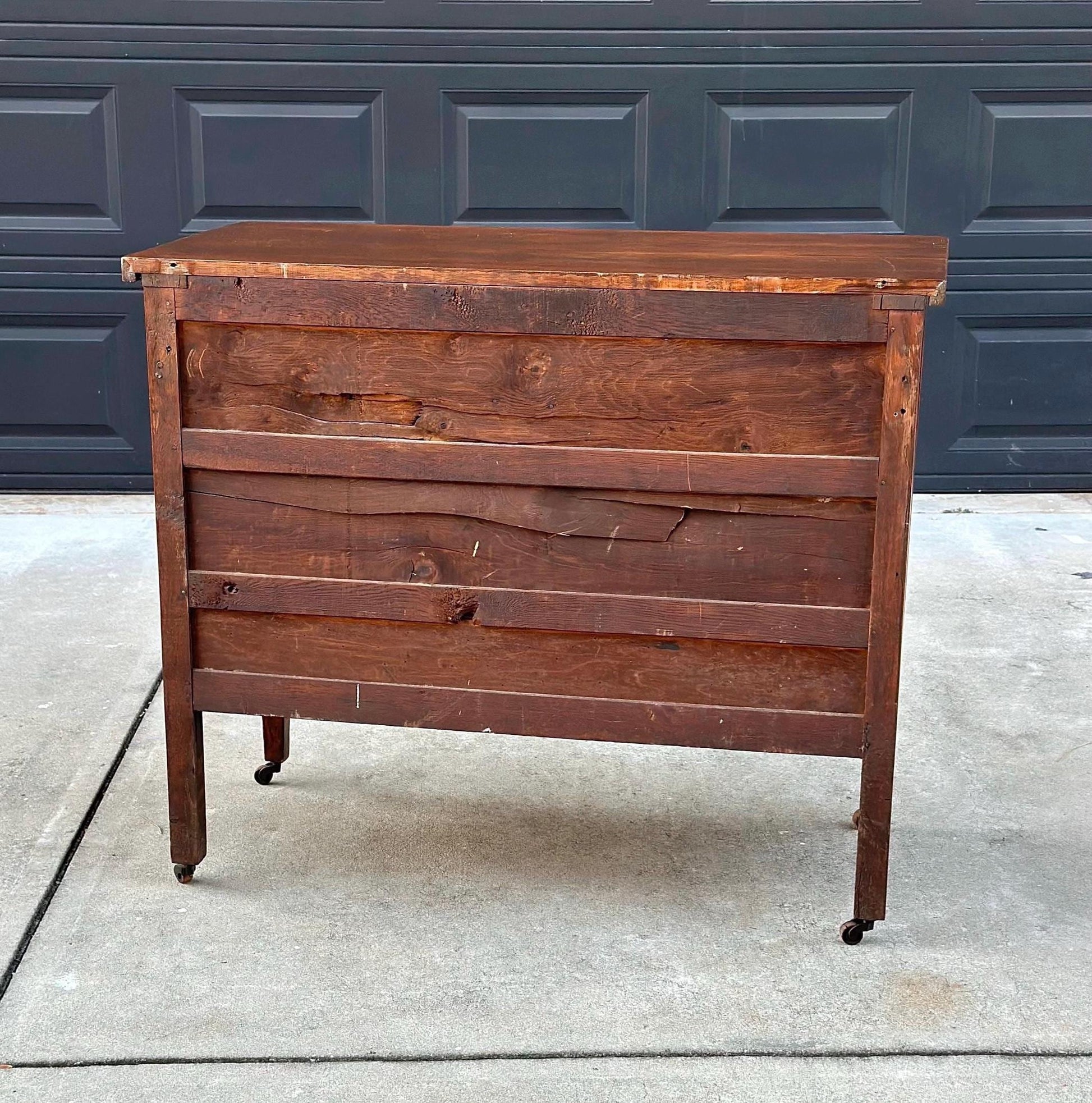 Antique 1890's Solid Oak Wood Dark Dresser Console on Casters