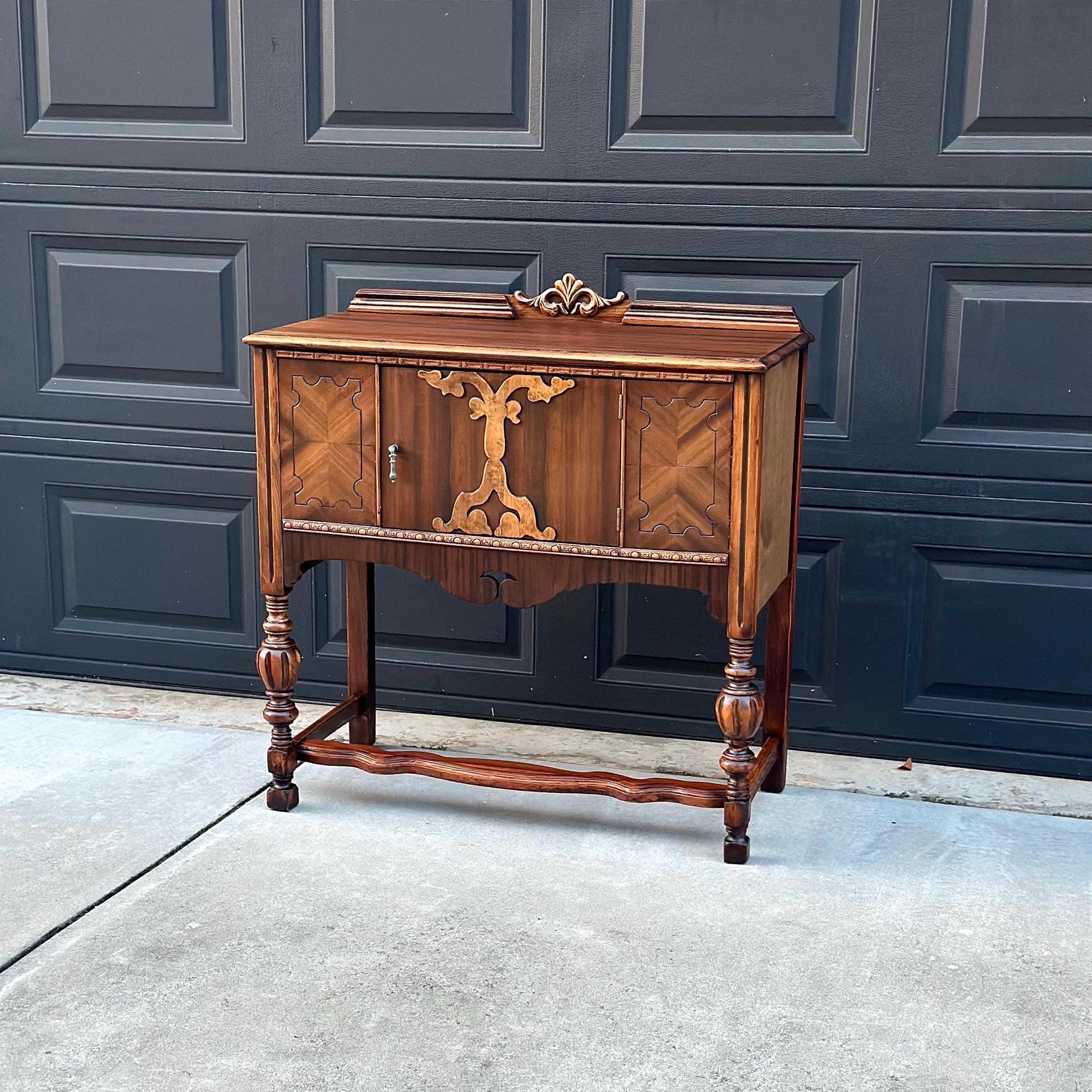 Antique Early 1900's Turned Leg Walnut Accent Cabinet with Raised Gallery