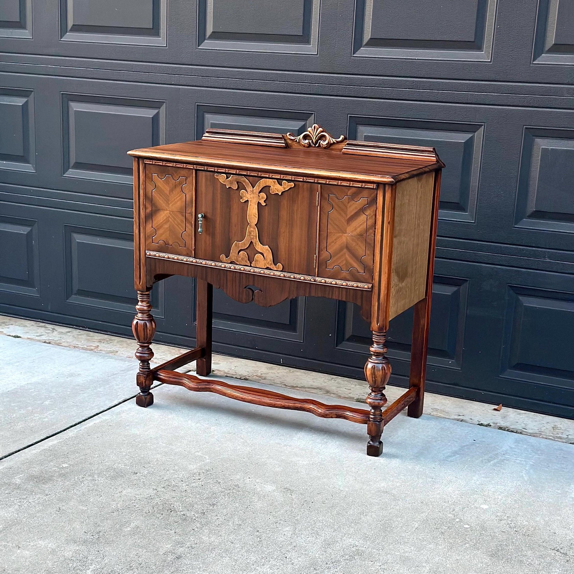 Antique Early 1900's Turned Leg Walnut Accent Cabinet with Raised Gallery