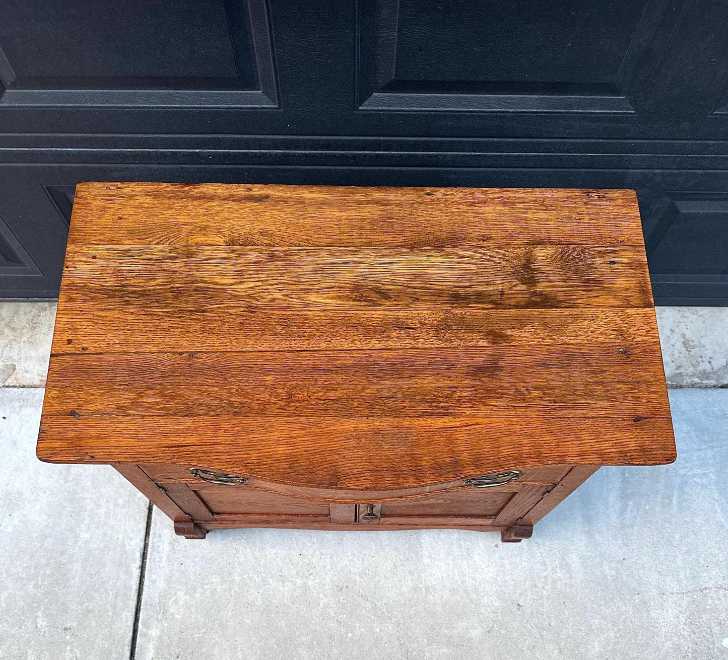 Antique Early 1900's Solid Wood Tiger Oak Curved Front Accent Cabinet on Casters