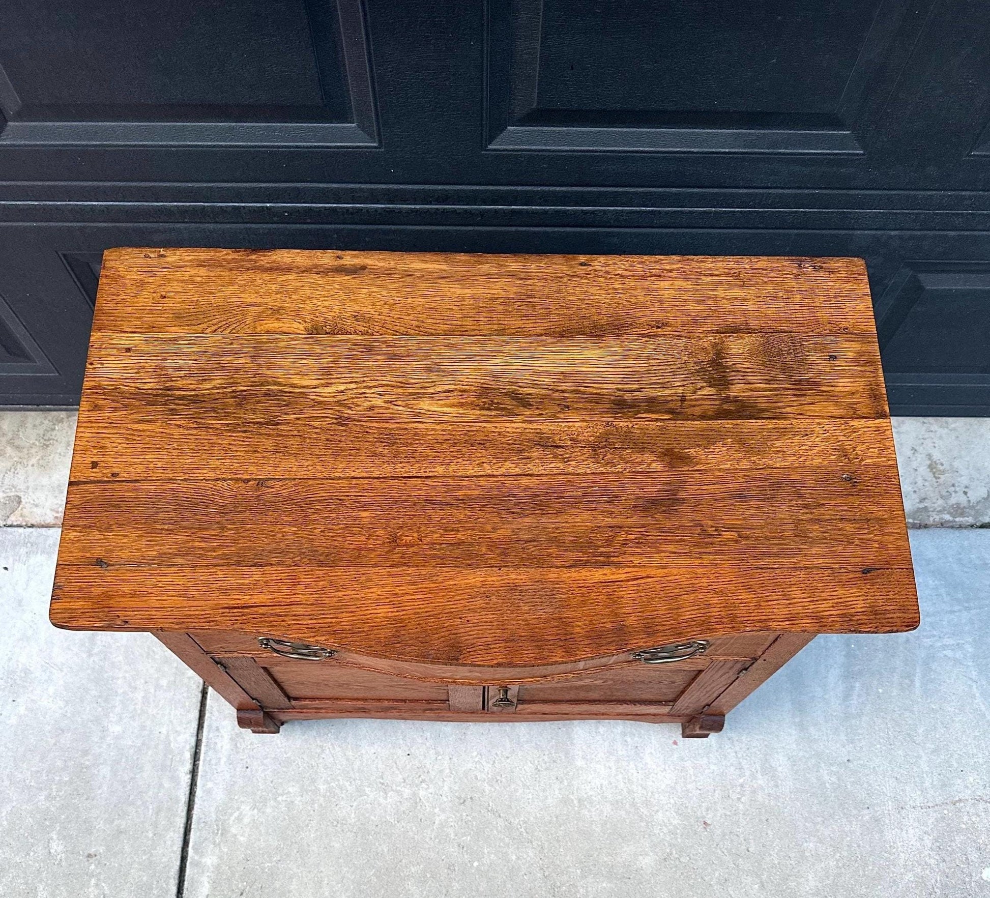 Antique Early 1900's Solid Wood Tiger Oak Curved Front Accent Cabinet on Casters
