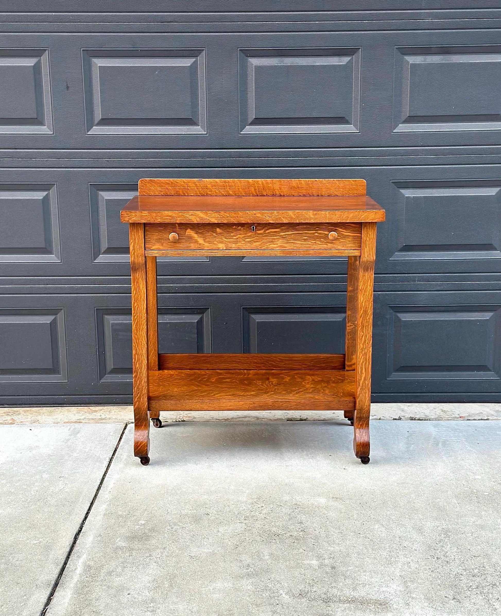 Antique Early 1900's Tiger Oak Wood Server Accent Table on Casters