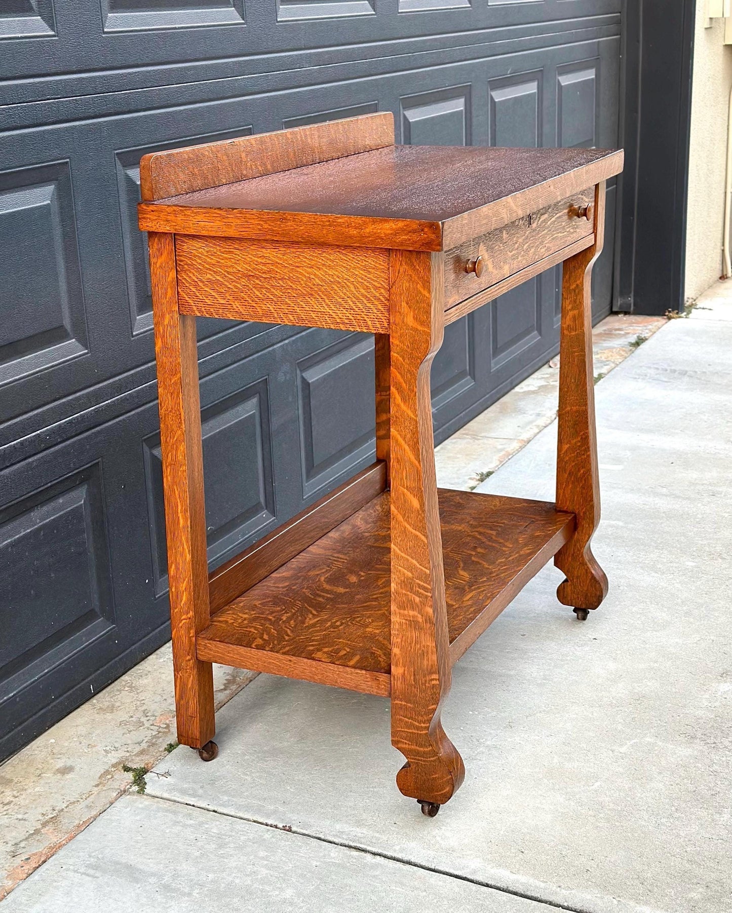 Antique Early 1900's Tiger Oak Wood Server Accent Table on Casters