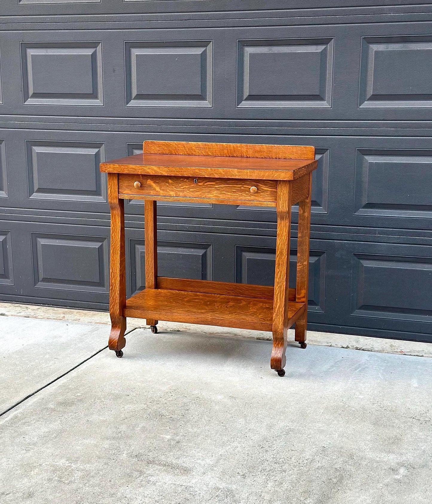 Antique Early 1900's Tiger Oak Wood Server Accent Table on Casters