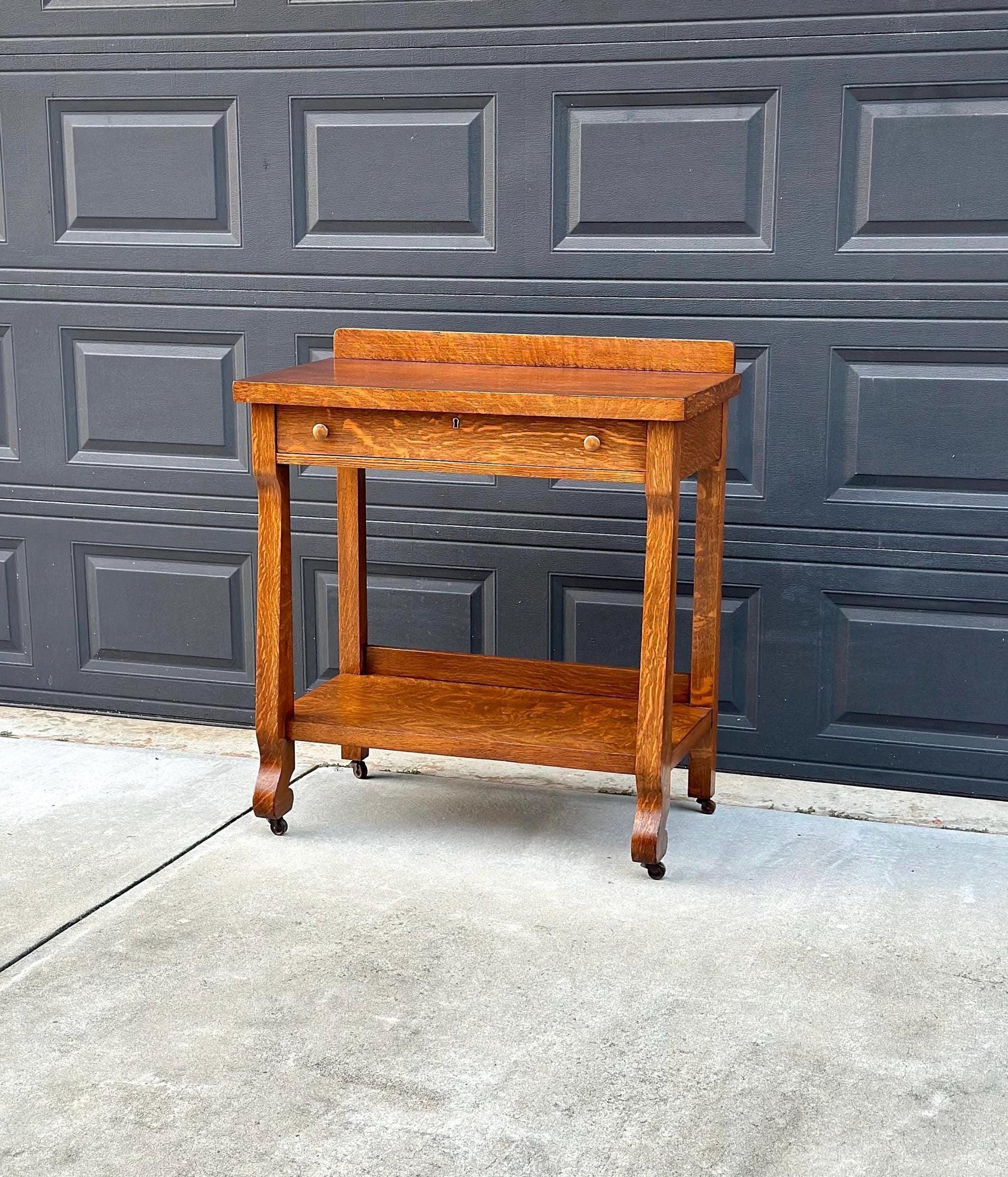 Antique Early 1900's Tiger Oak Wood Server Accent Table on Casters