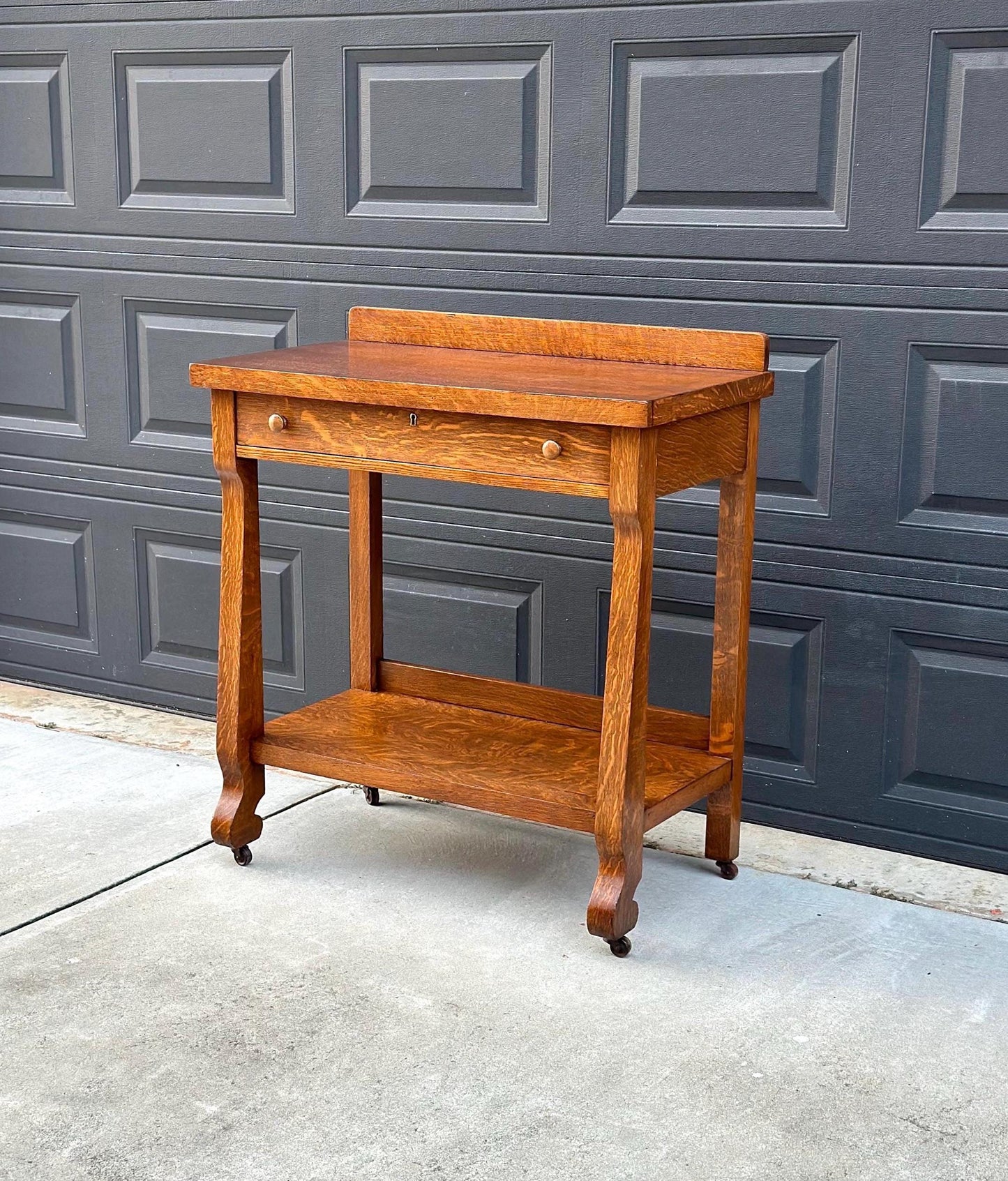 Antique Early 1900's Tiger Oak Wood Server Accent Table on Casters
