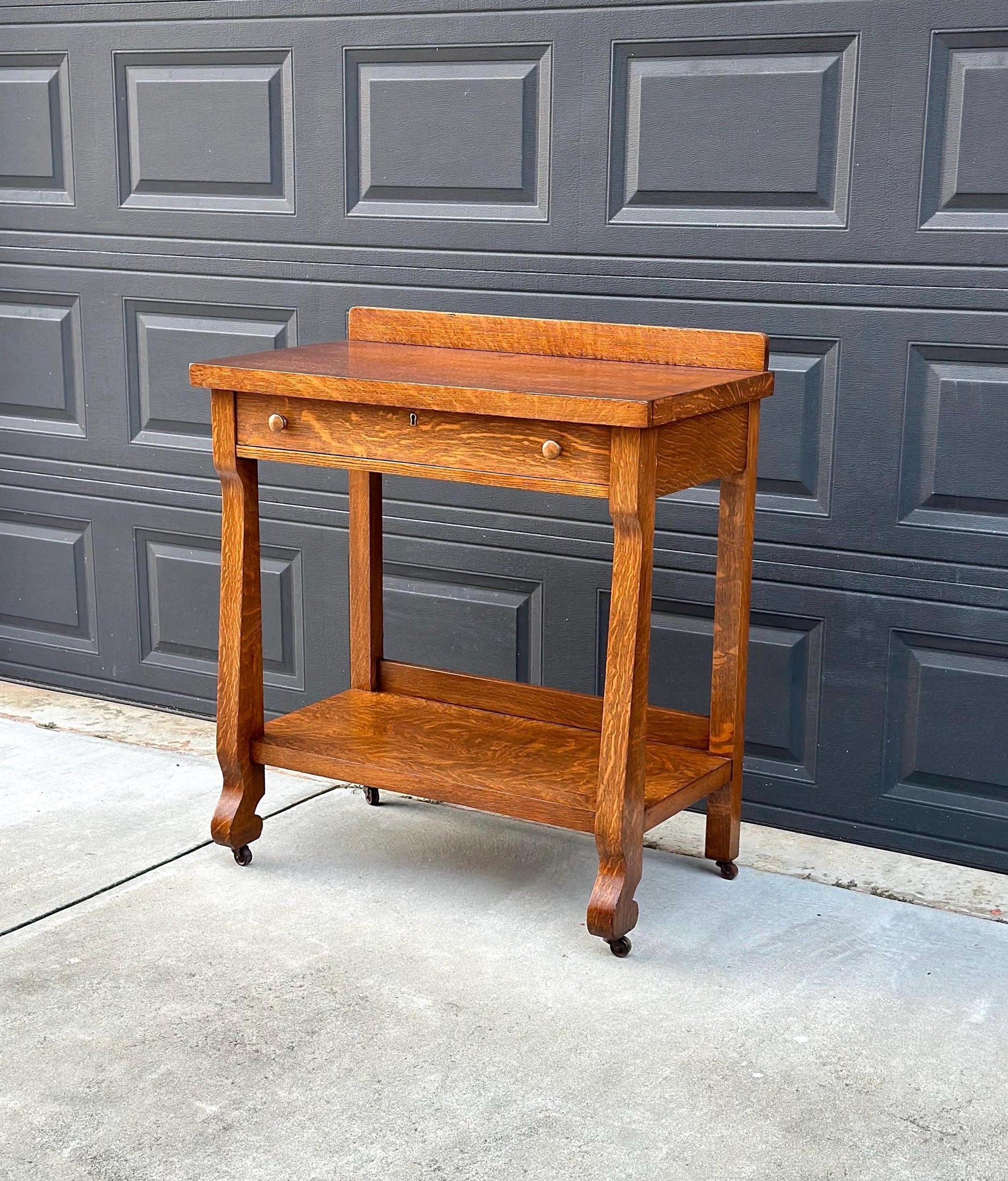 Antique Early 1900's Tiger Oak Wood Server Accent Table on Casters