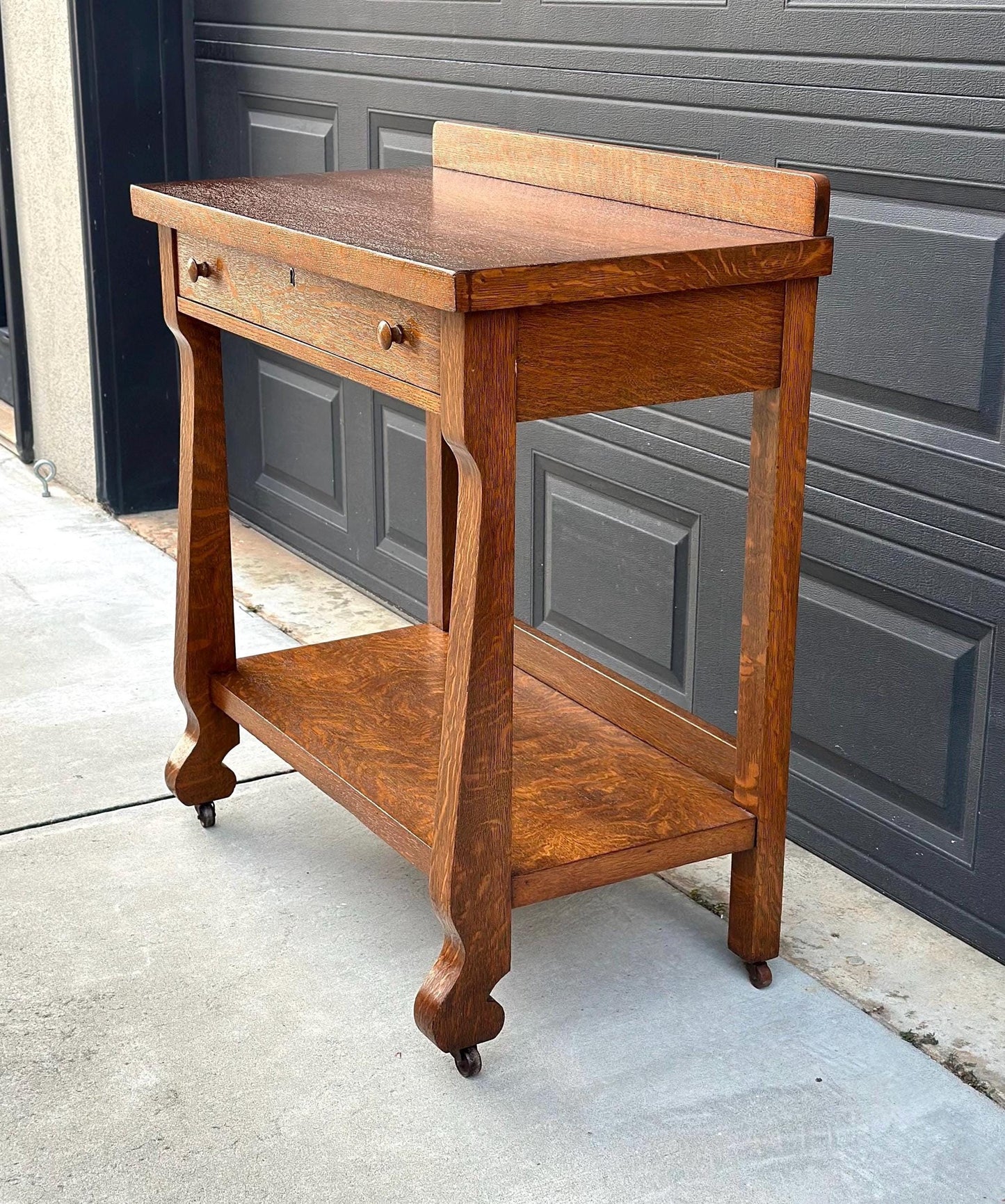 Antique Early 1900's Tiger Oak Wood Server Accent Table on Casters