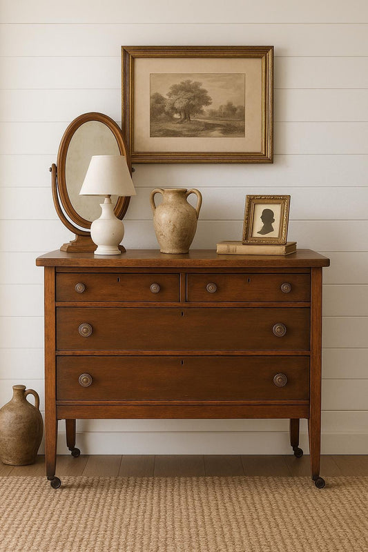 Antique 1890's Solid Oak Wood Dark Dresser Console on Casters