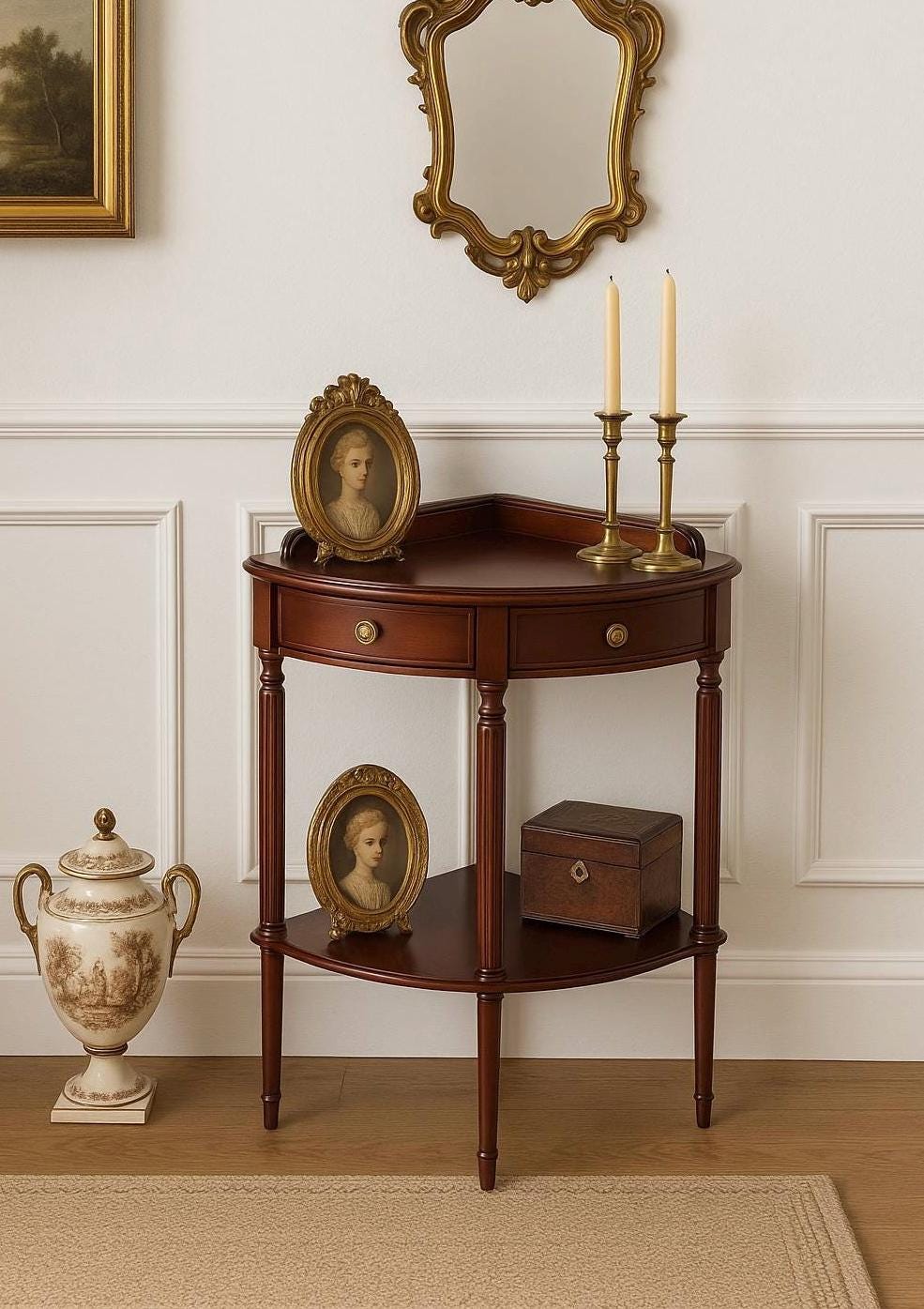 Vintage Federal Mahogany Accent Shelf Wood Corner Table
