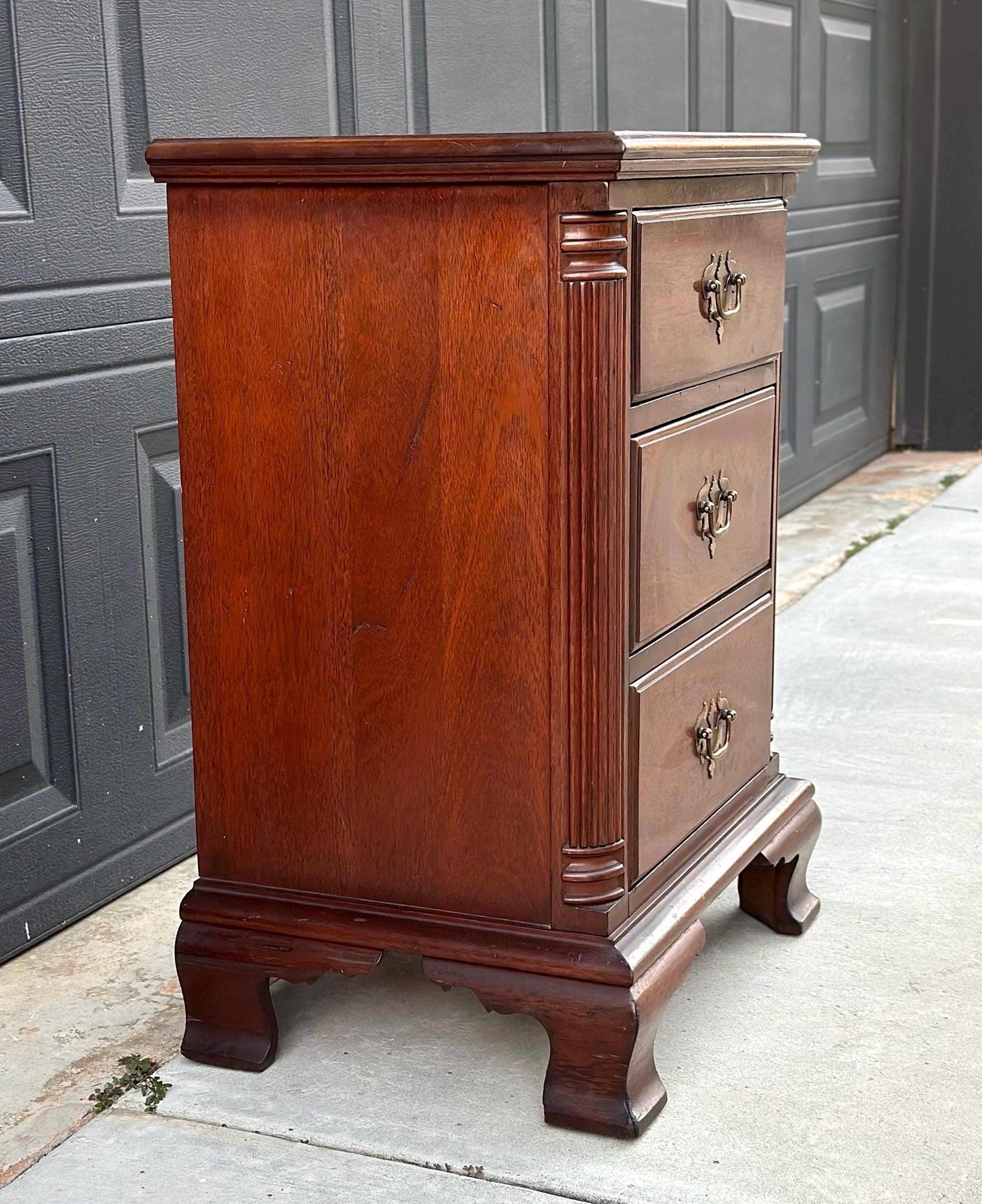 Vintage Mid 1900's Solid Wood Three Drawer Narrow Mahogany Nightstand
