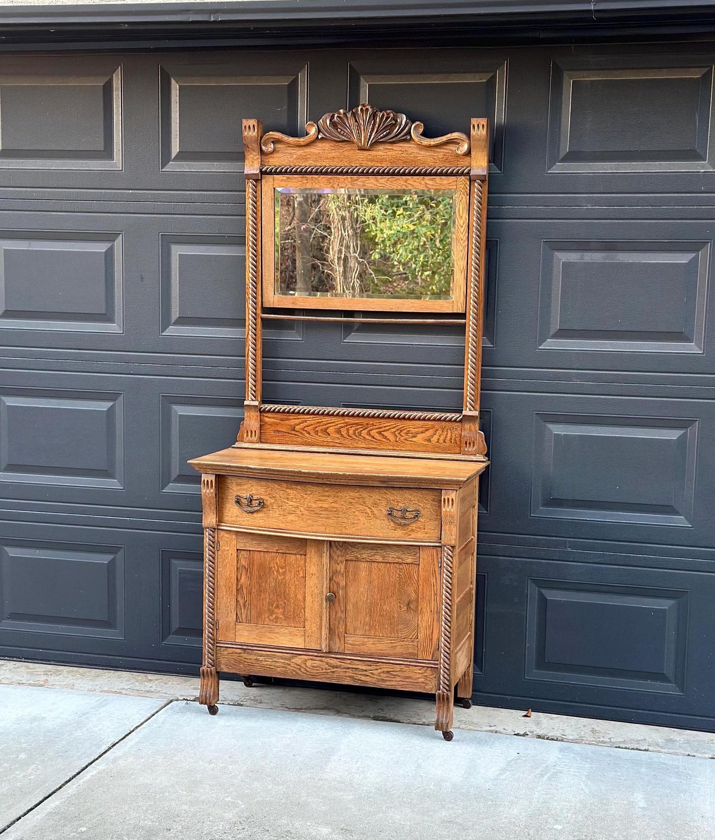 Antique Early 1900's Solid Wood Tiger Oak Washstand on Casters